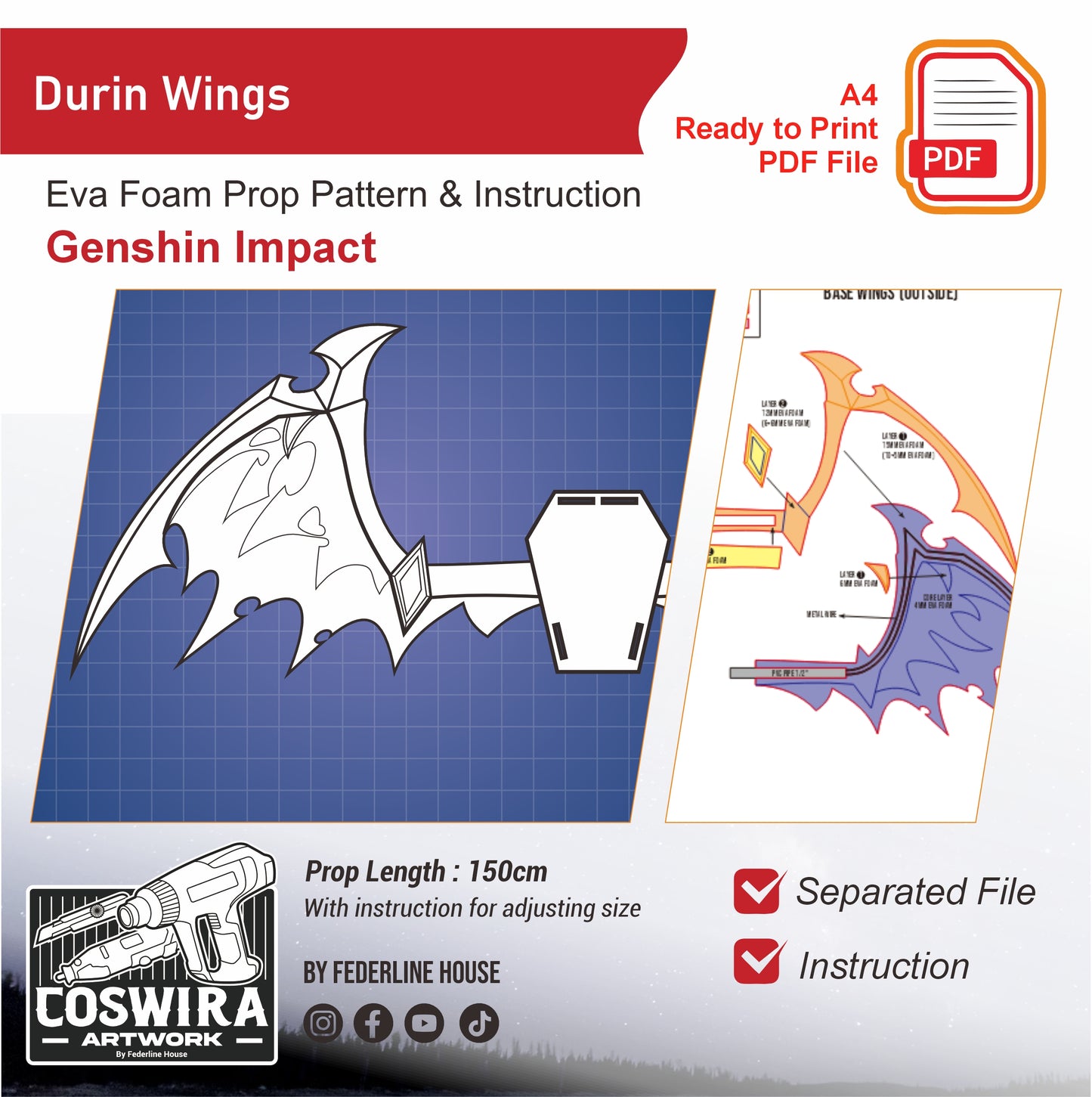 Durin Wings Prop Pattern Template – EVA Foam Pattern for Cosplay & DIY Builds Inspired by Genshin Impact