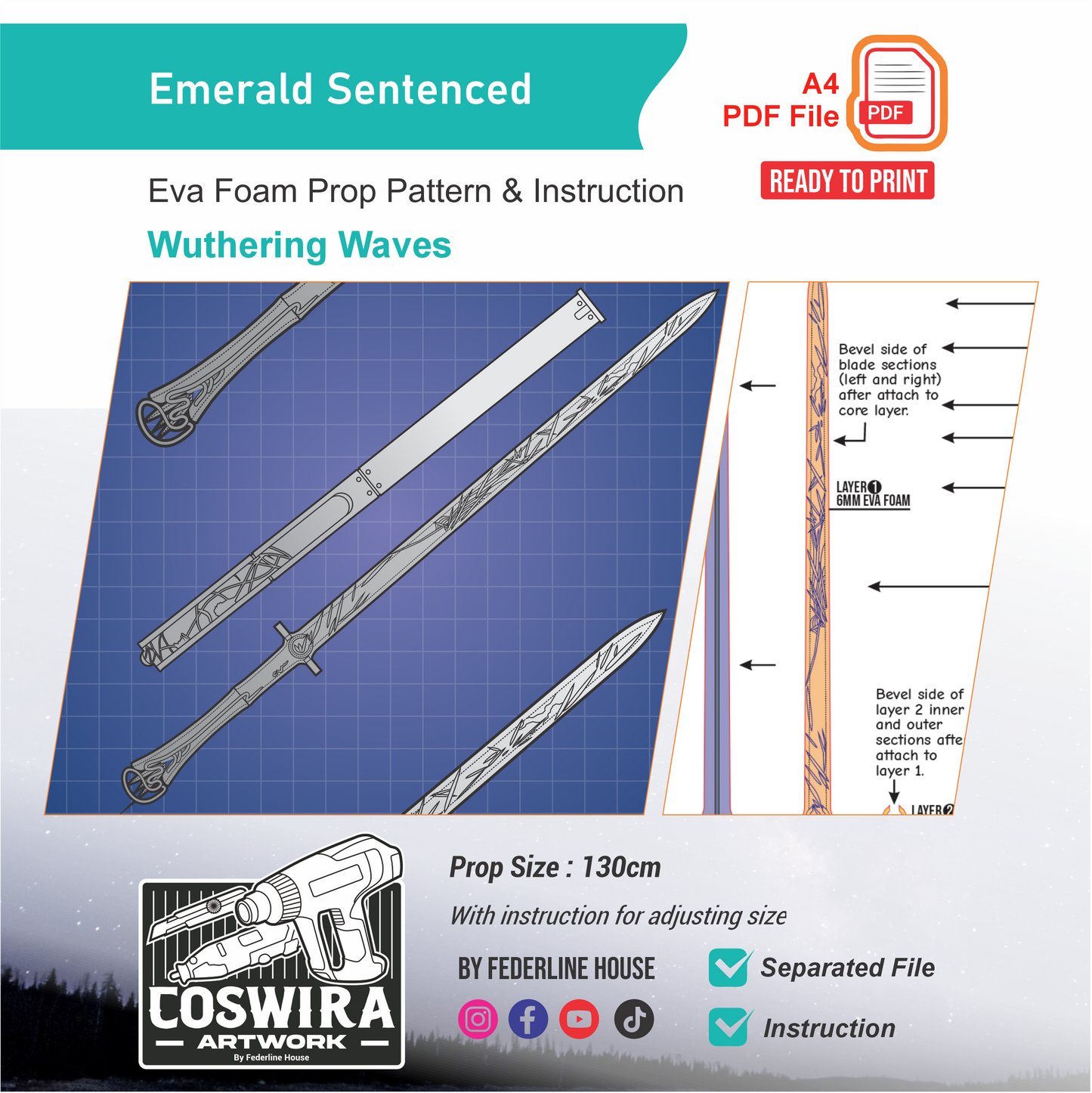 Emerald Sentenced Weapon Prop Pattern Template – EVA Foam Pattern for Cosplay and DIY Builds Inspired by Wuthering Waves