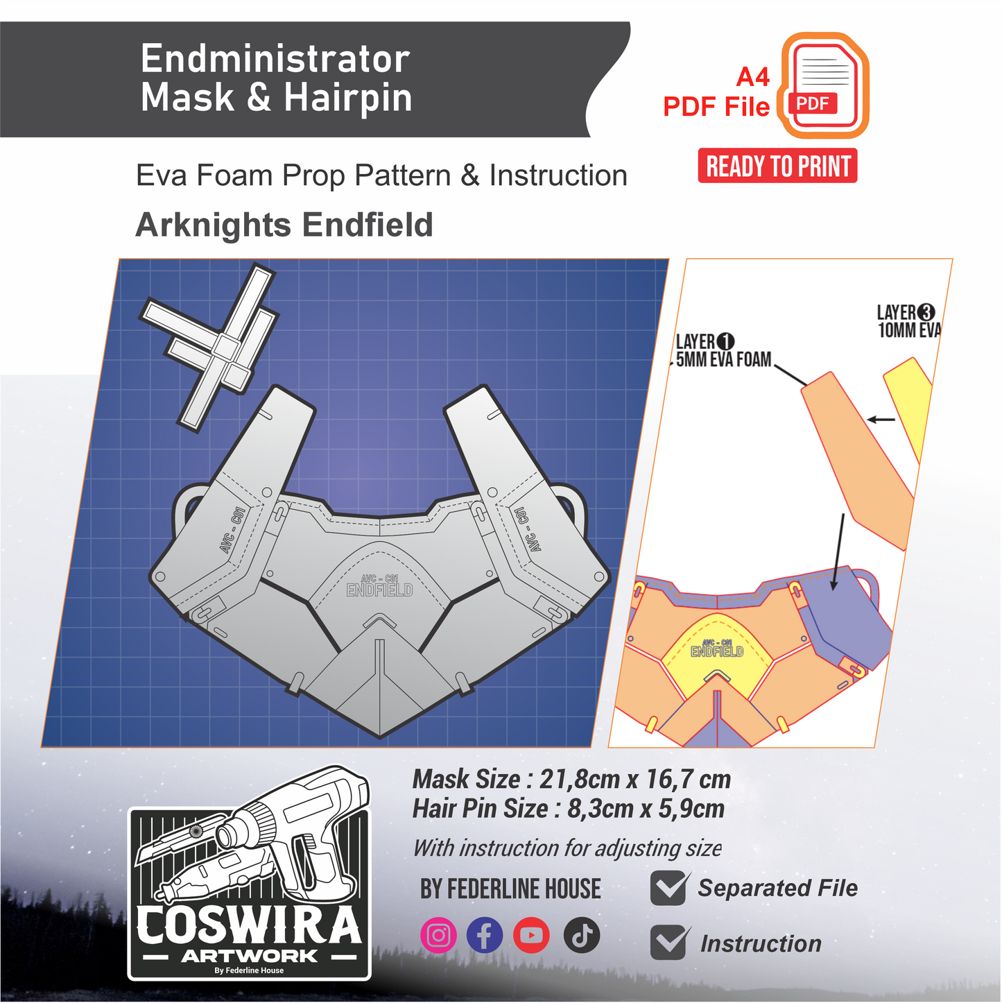 Endministrator Mask & Hairpin Prop Pattern Template – EVA Foam Pattern for Cosplay & DIY Builds Inspired by Arknights Endfield