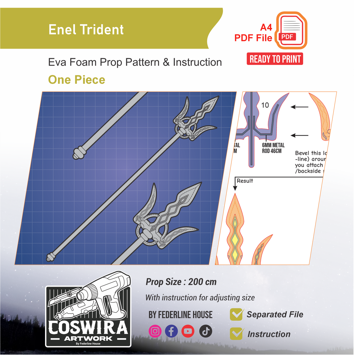 Enel Trident Prop Pattern Template – EVA Foam Pattern for Cosplay and DIY Builds Inspired by One Piece Anime