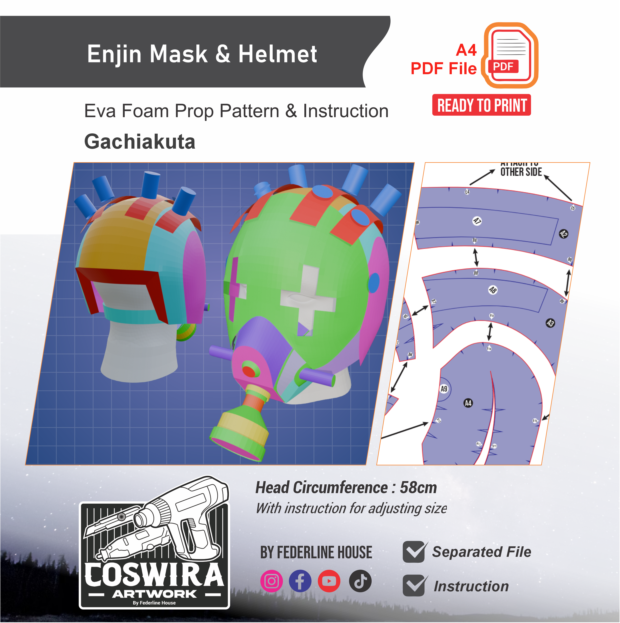 Pattern Helmet Half Enjin Mask & Helmet Prop Pattern Template – EVA Foam Pattern for Cospl ...