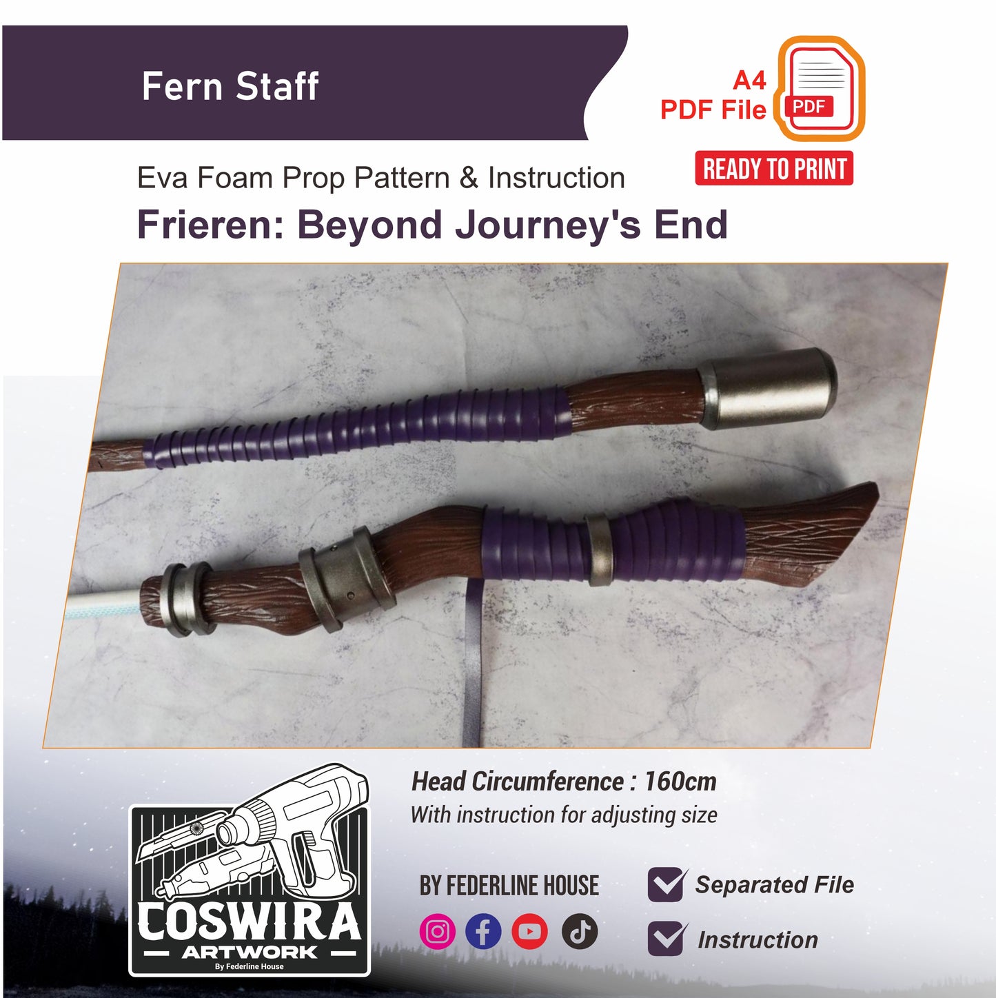 Fern Staff Prop Pattern Template – EVA Foam Pattern for Cosplay & DIY Builds Inspired by Sousou no Frieren