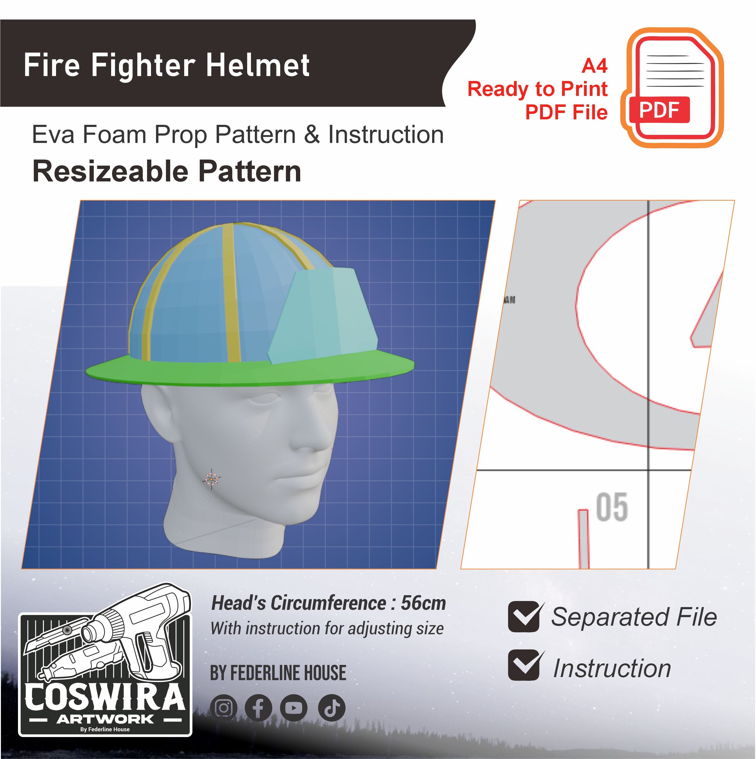 Fire fighter Helmet Basic Prop Pattern Template – EVA Foam Pattern for ...