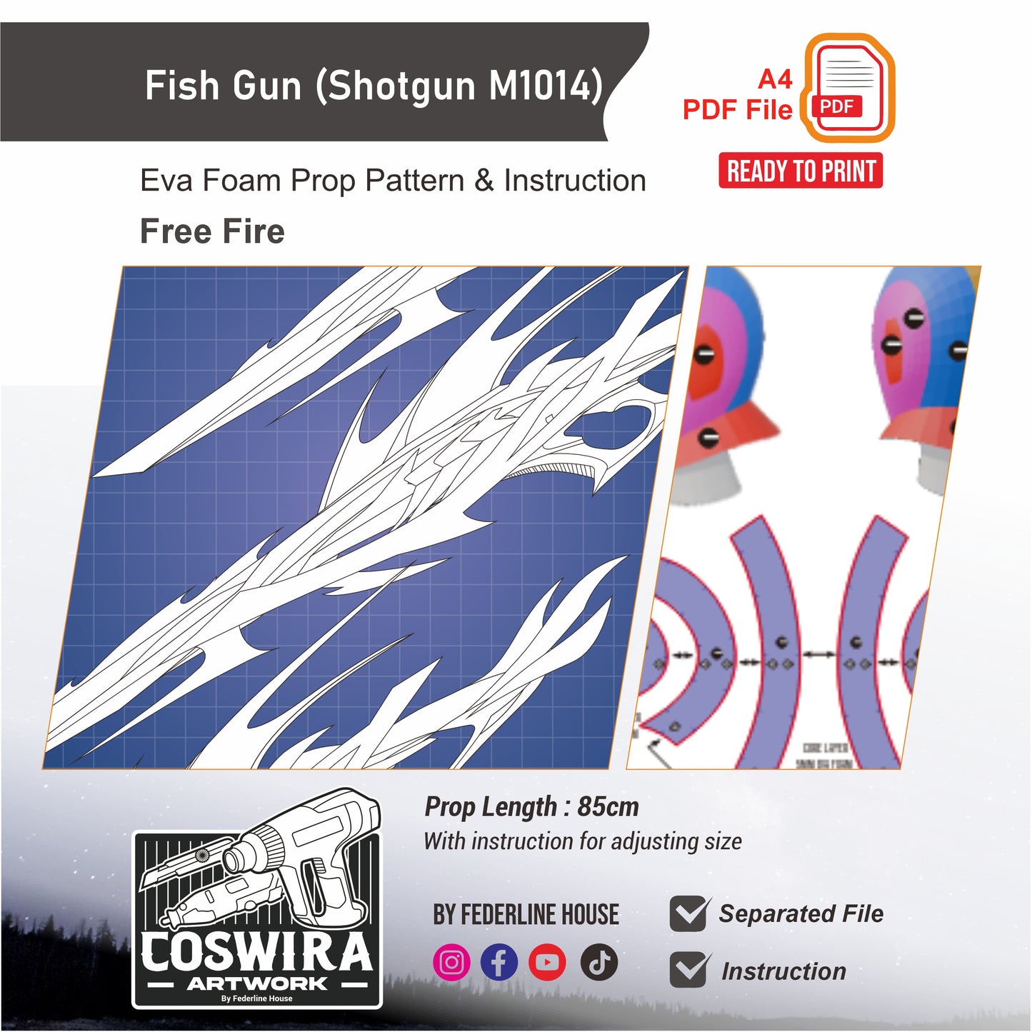 Fish Gun (Shotgun M1014) Prop Pattern Template – EVA Foam Pattern for Cosplay and DIY Builds Inspired by Free Fire