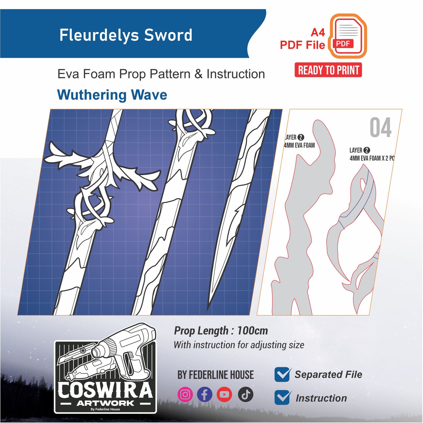 Fleurdelys Sword Prop Pattern Template – EVA Foam Pattern for Cosplay & DIY Builds Inspired by Wuthering Waves