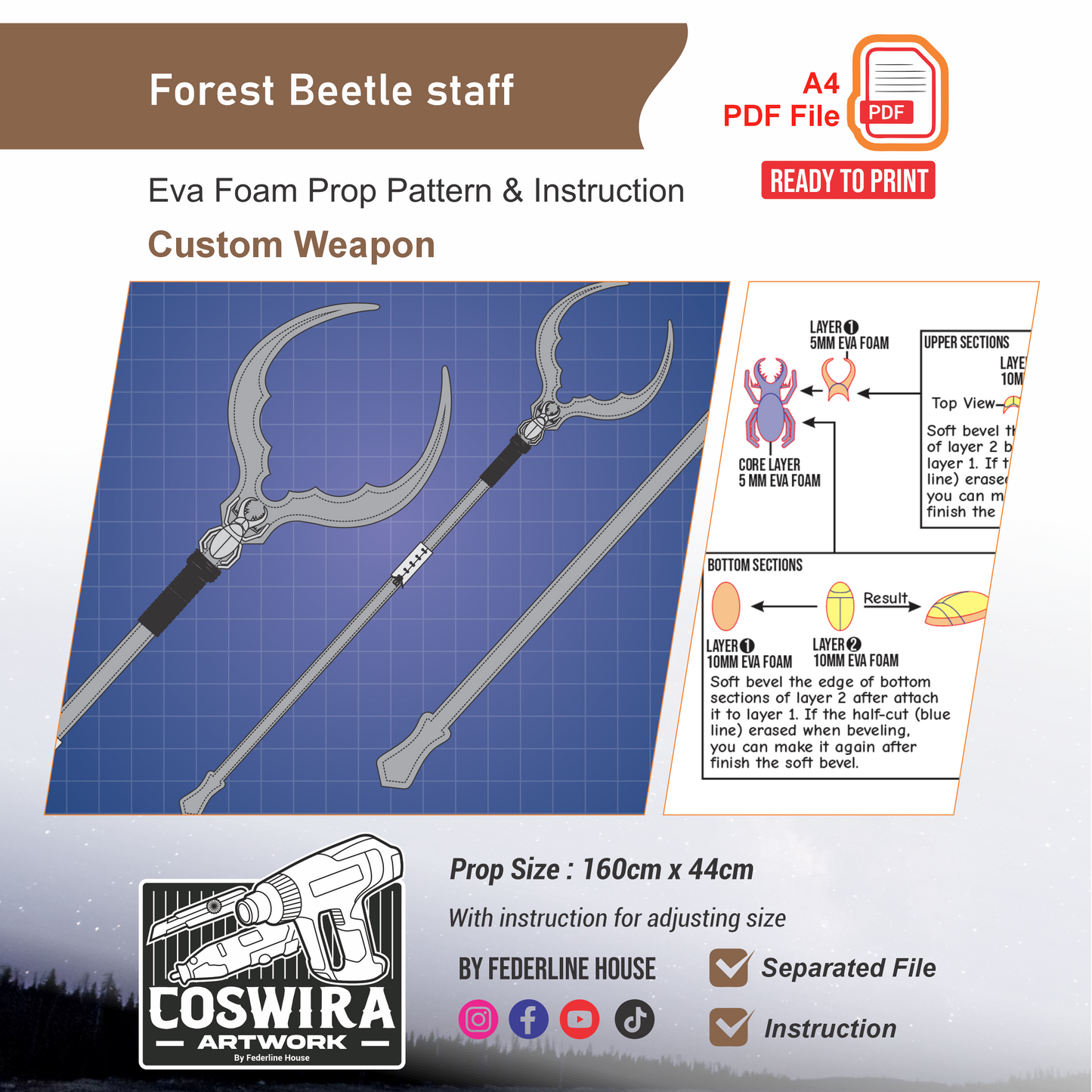 Forest Beetle Staff Prop Pattern Template – EVA Foam Pattern for Cosplay and DIY Builds Inspired by Fantasy / Basic Costume Design