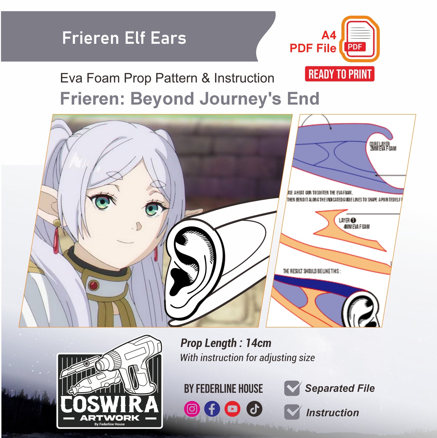 Frieren Elf Ears Prop Pattern Template – EVA Foam Pattern for Cosplay & DIY Builds Inspired by Sousou no Frieren