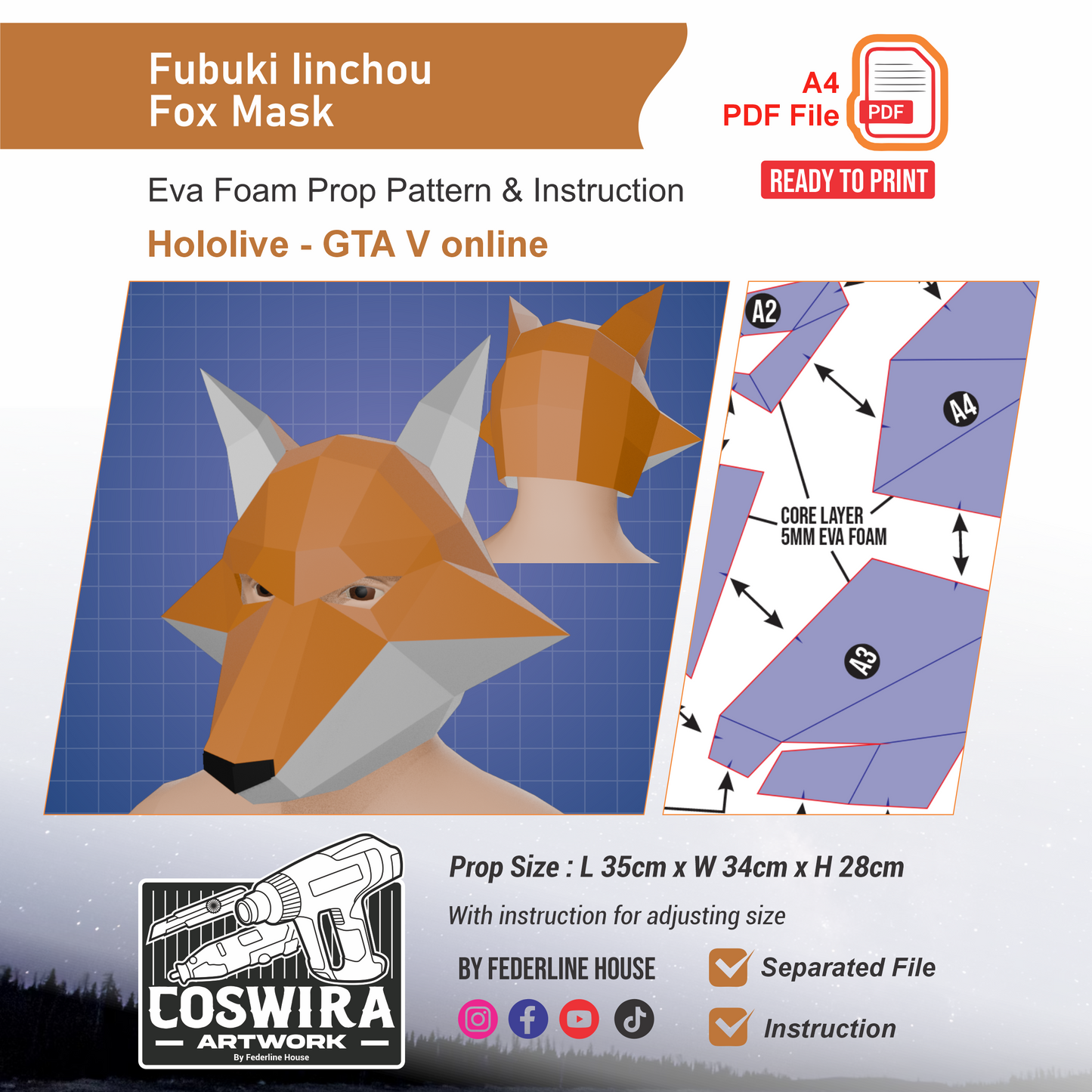 Fubuki Iinchou Fox Mask Prop Pattern Template – EVA Foam Pattern for Cosplay and DIY Builds Inspired by Hololive