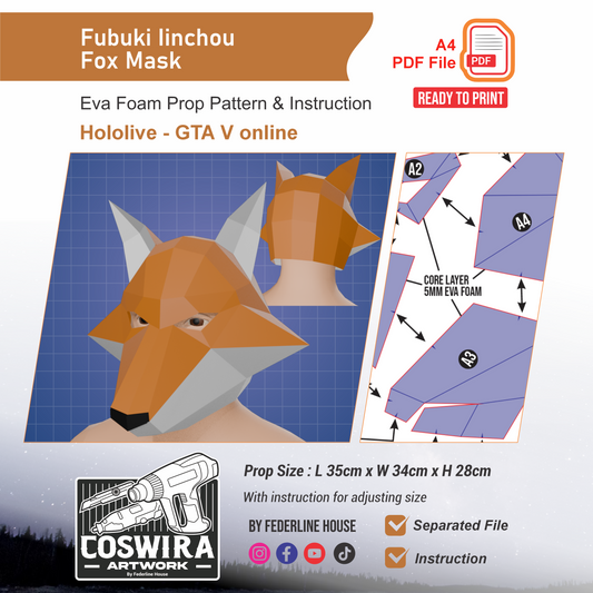 Fubuki Iinchou Fox Mask Prop Pattern Template – EVA Foam Pattern for Cosplay and DIY Builds Inspired by Hololive