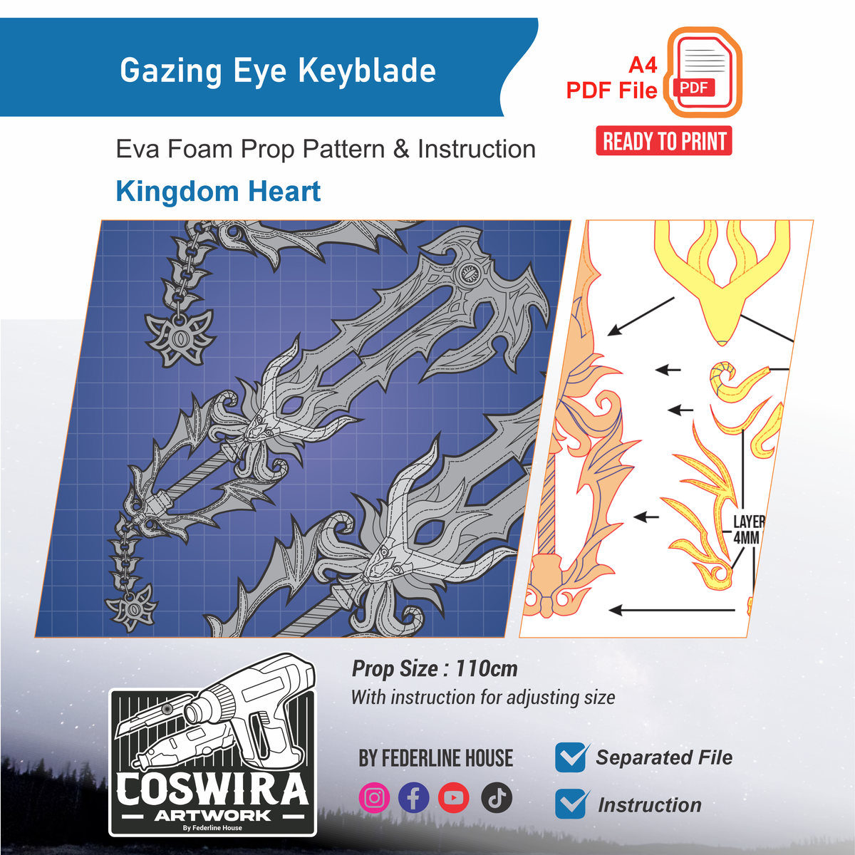 The Gazing Eye Keyblade Prop Pattern Template – EVA Foam Pattern for Cosplay and DIY Builds Inspired by Kingdom Hearts
