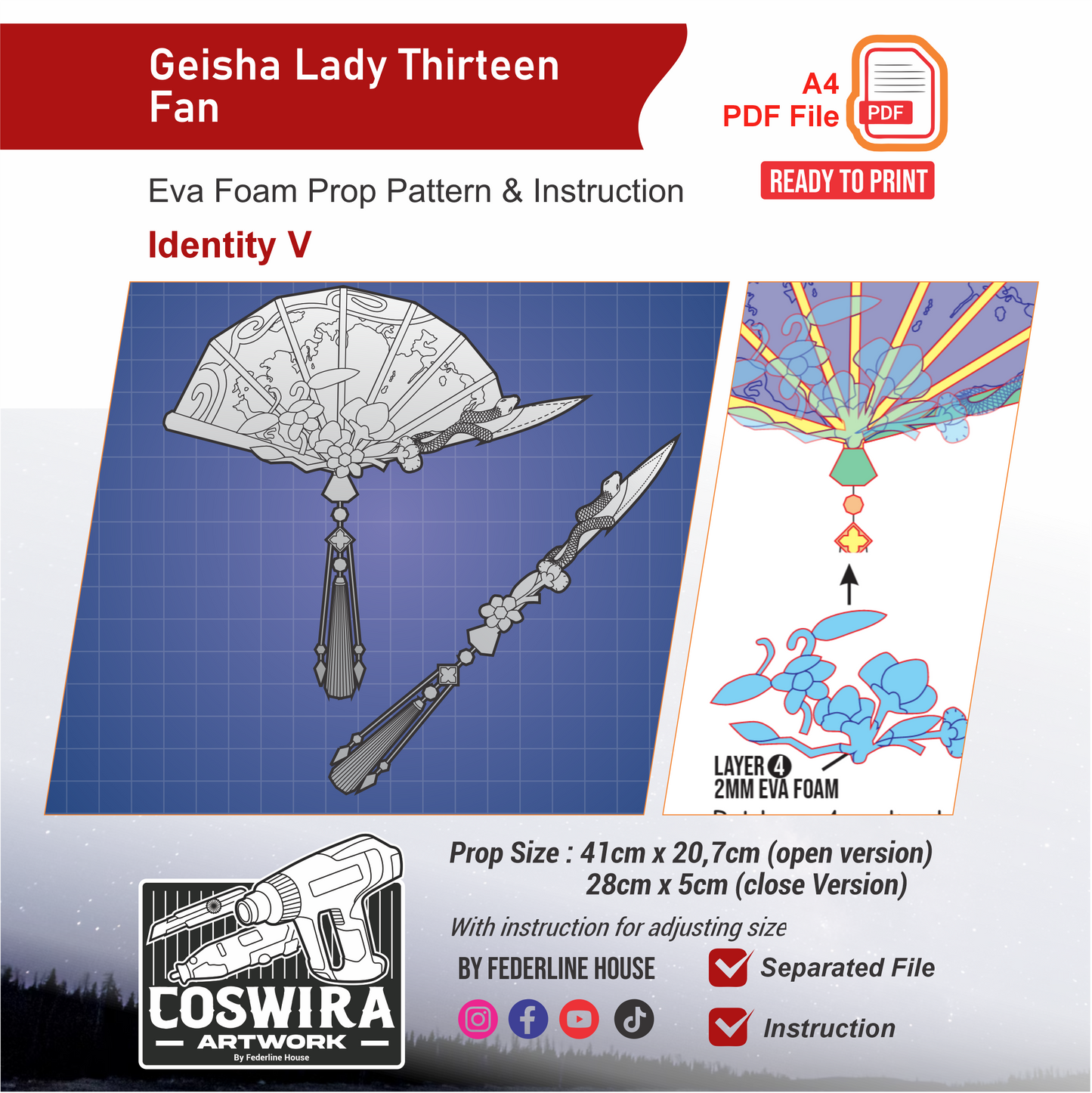 Geisha Lady Thirteen Fan Prop Pattern Template – EVA Foam Pattern for Cosplay and DIY Builds Inspired by Identity V