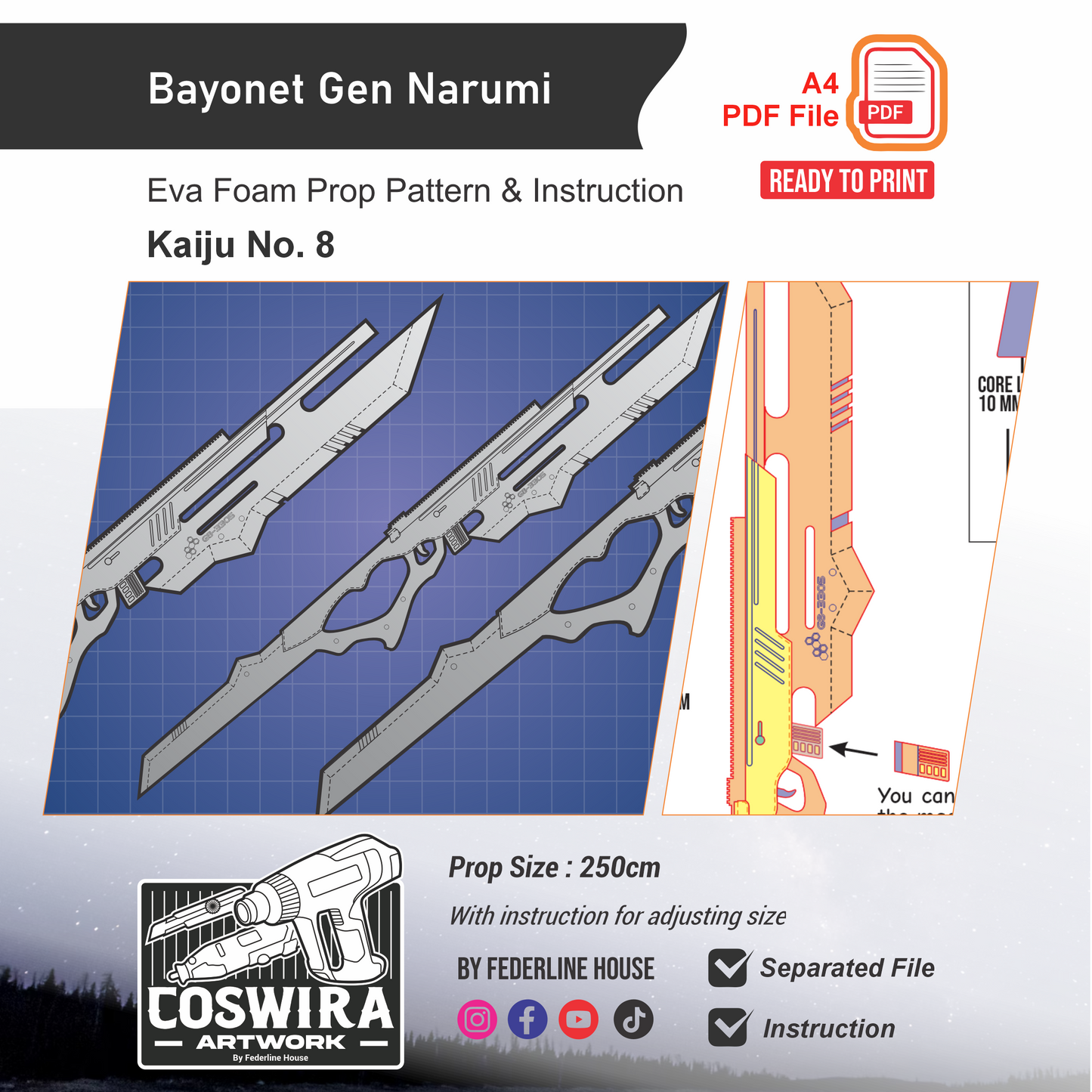 Bayonet Gen Narumi Prop Pattern Template – EVA Foam Pattern for Cosplay and DIY Builds Inspired by Kaiju No. 8 Anime