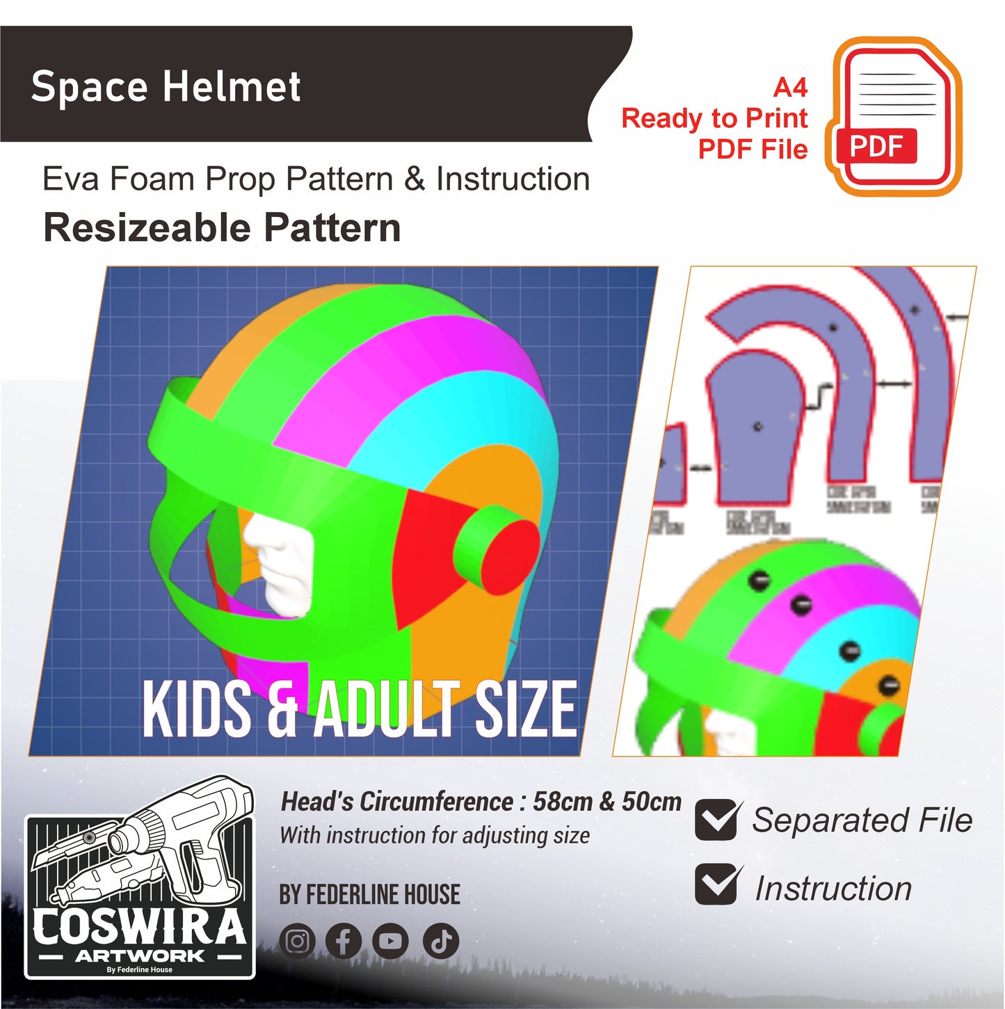 Space Helmet Prop Pattern Template – EVA Foam Basic Pattern for Cosplay & DIY Builds