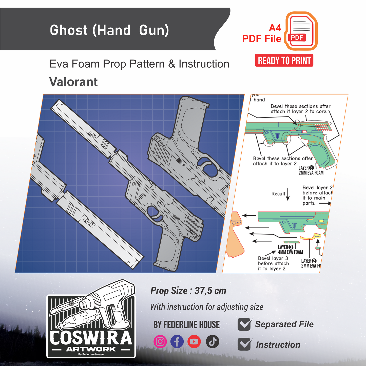Ghost Hand Gun Prop Pattern Template – EVA Foam Pattern for Cosplay and DIY Builds Inspired by Valorant Game