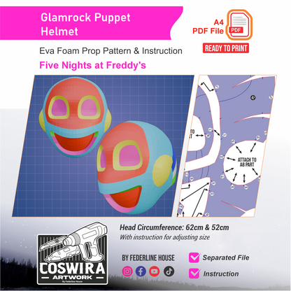 Glamrock Puppet Helmet Prop Pattern Template – EVA Foam Pattern for Cosplay & DIY Builds Inspired by Five Nights at Freddy’s