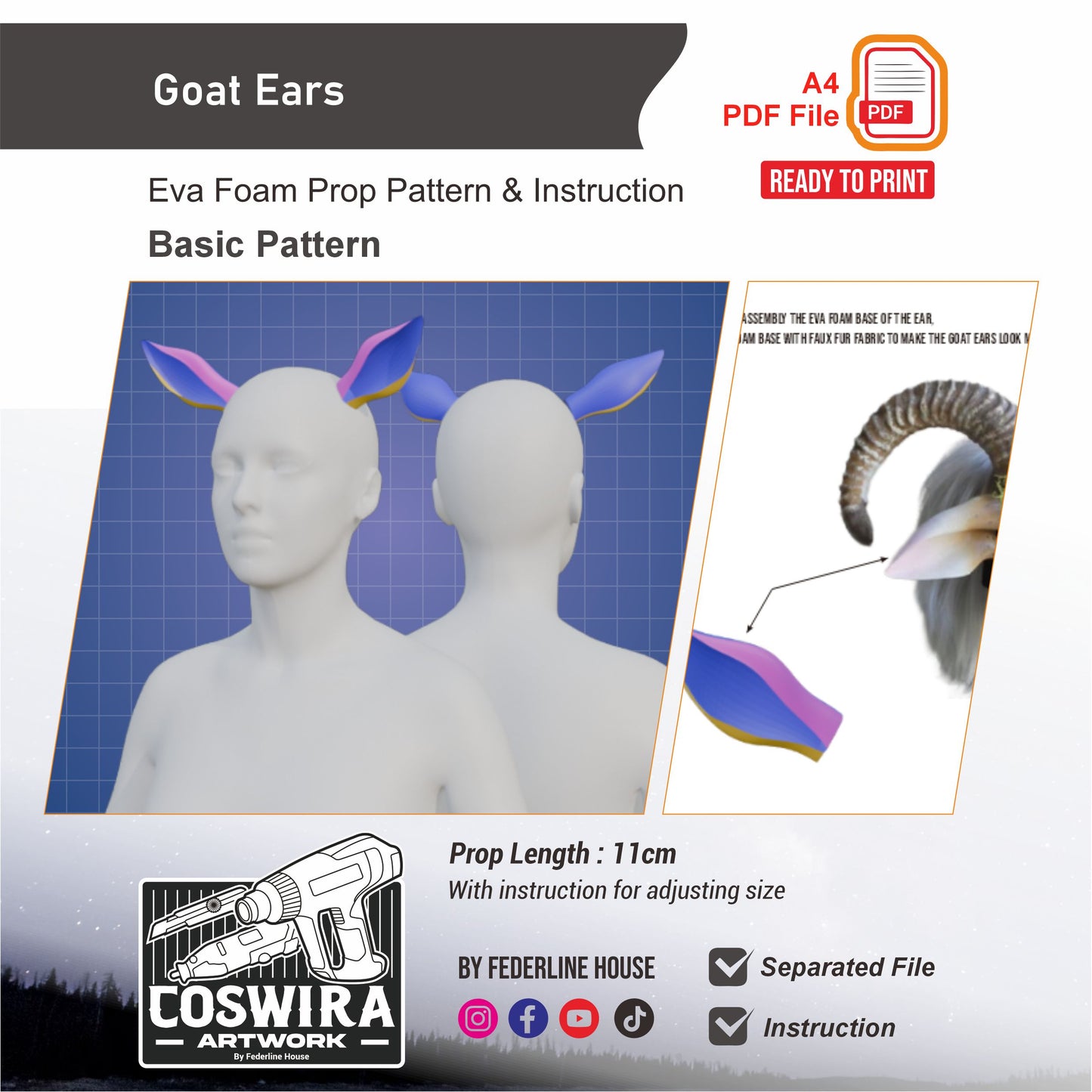 Goat Ears Prop Pattern Template – EVA Foam Pattern for Cosplay and DIY Builds Inspired by Animal Fantasy Style