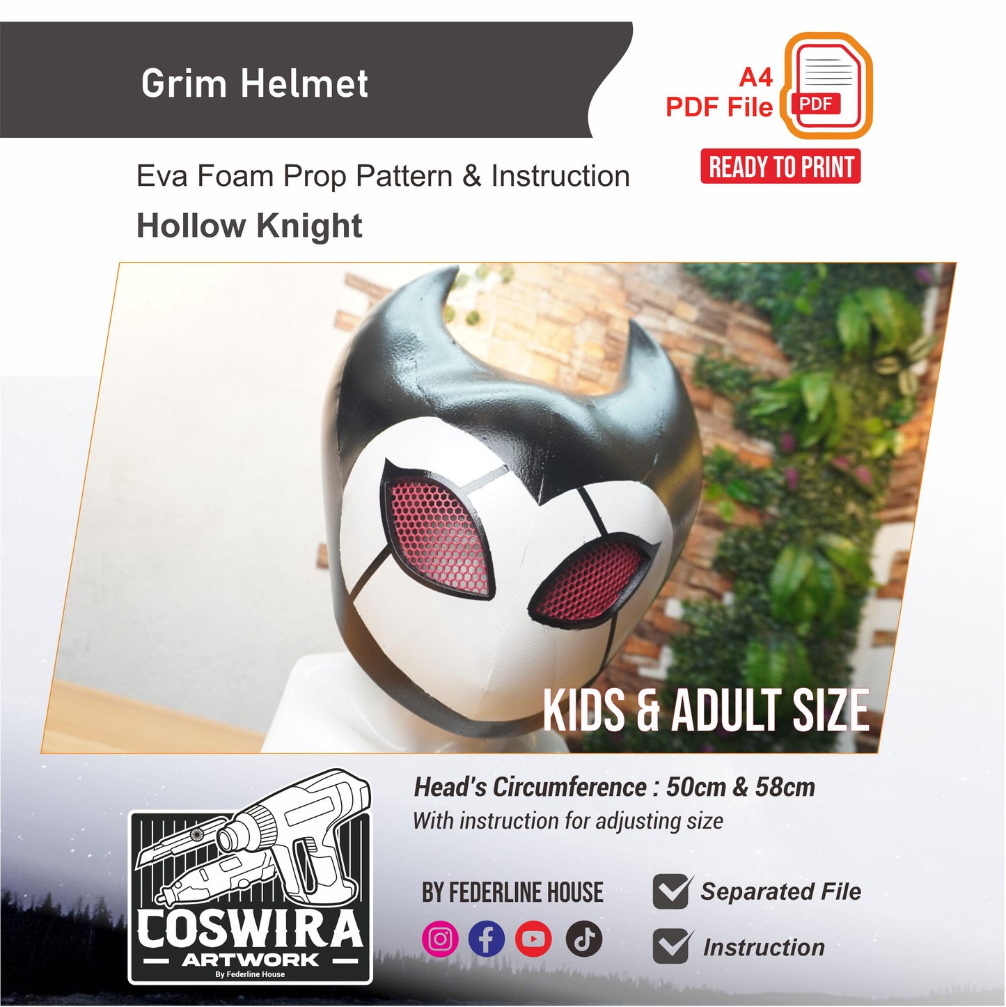 Grim Helmet Prop Pattern Template – EVA Foam Pattern for Cosplay & DIY Builds Inspired by Hollow Knight