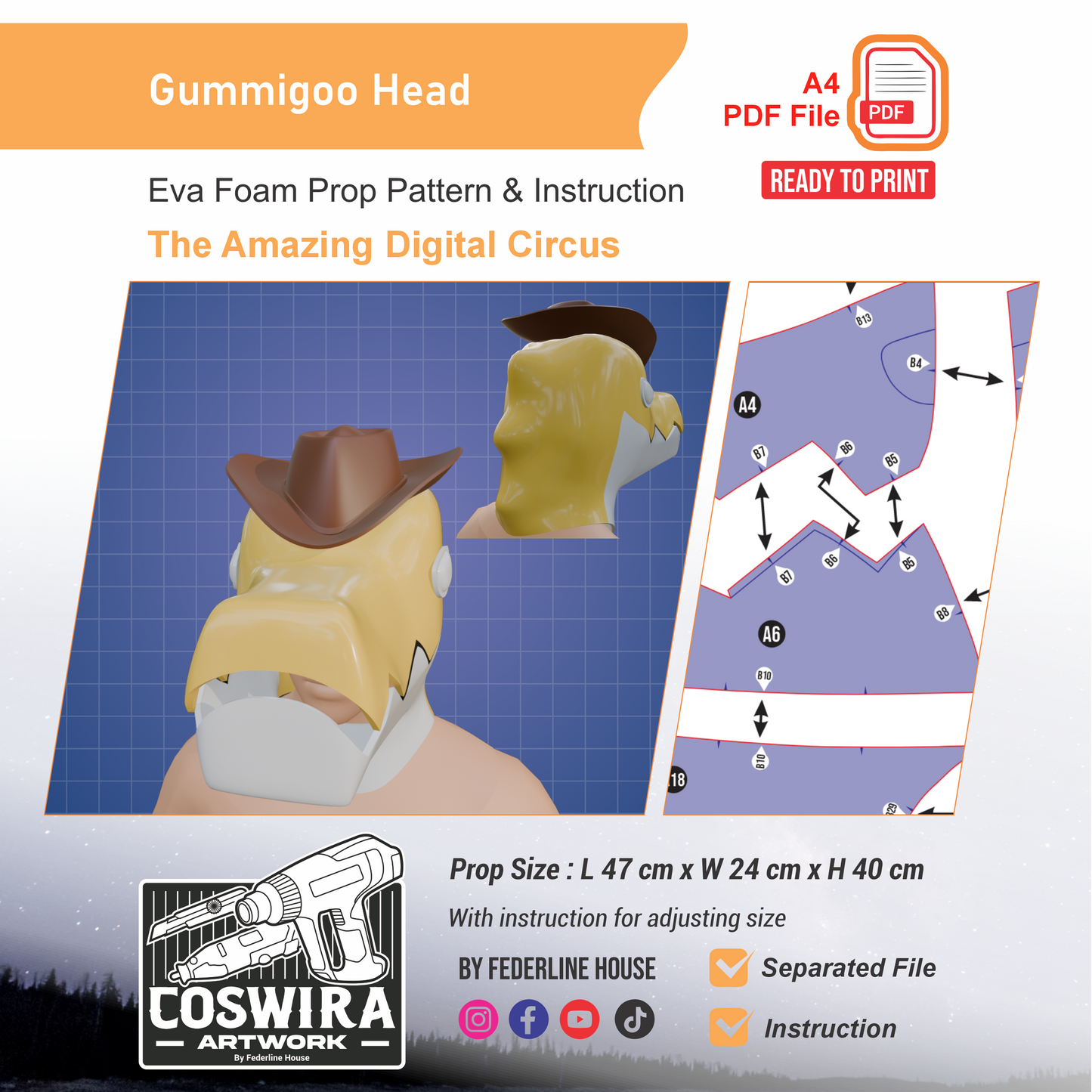 Gummigoo Head Helmet Prop Pattern Template – EVA Foam Pattern for Cosplay and DIY Builds Inspired by The Amazing Digital Circus