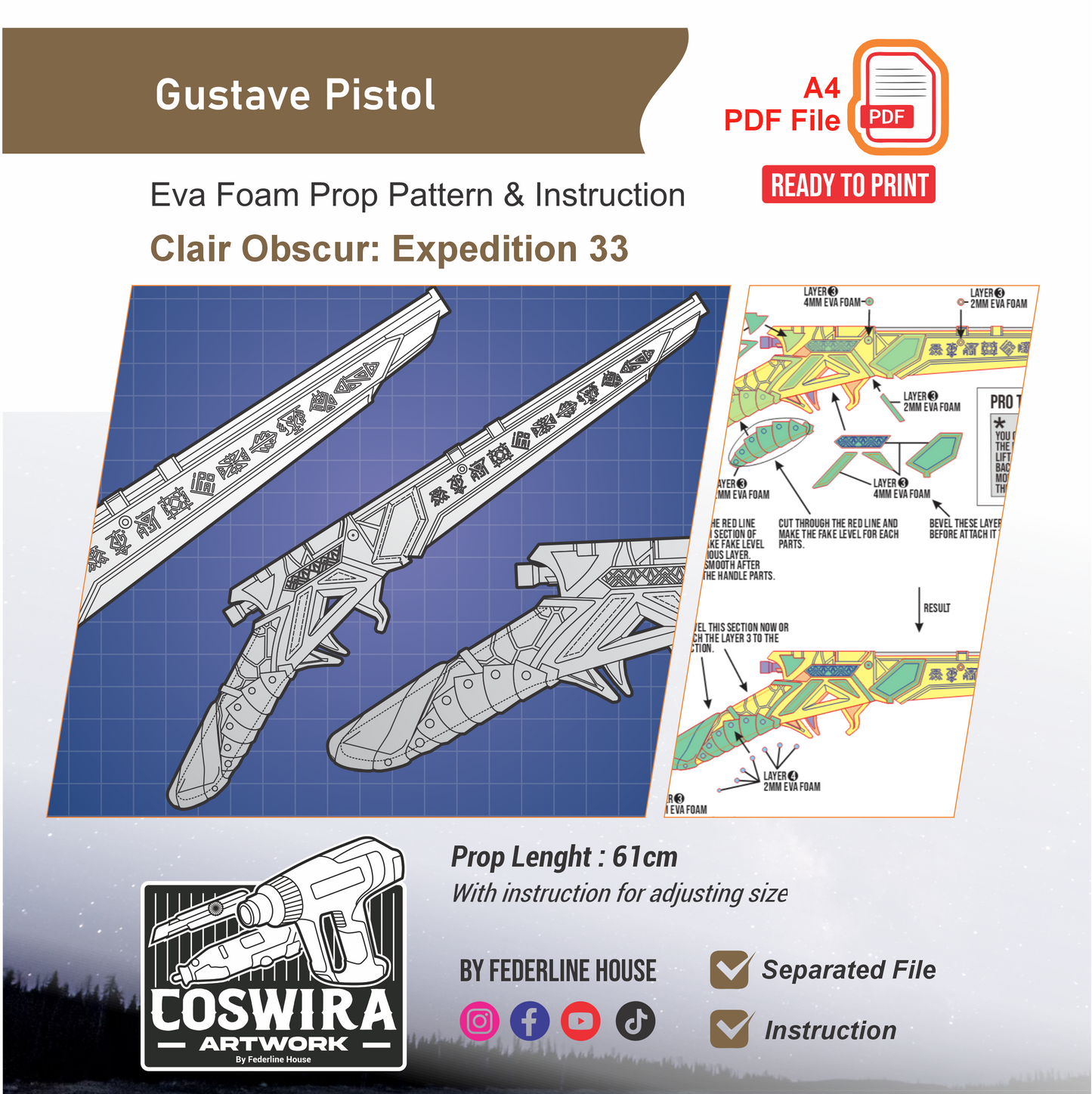 Gustave Pistol Prop Pattern Template – EVA Foam Pattern for Cosplay & DIY Builds Inspired by Clair Obscur: Expedition 33