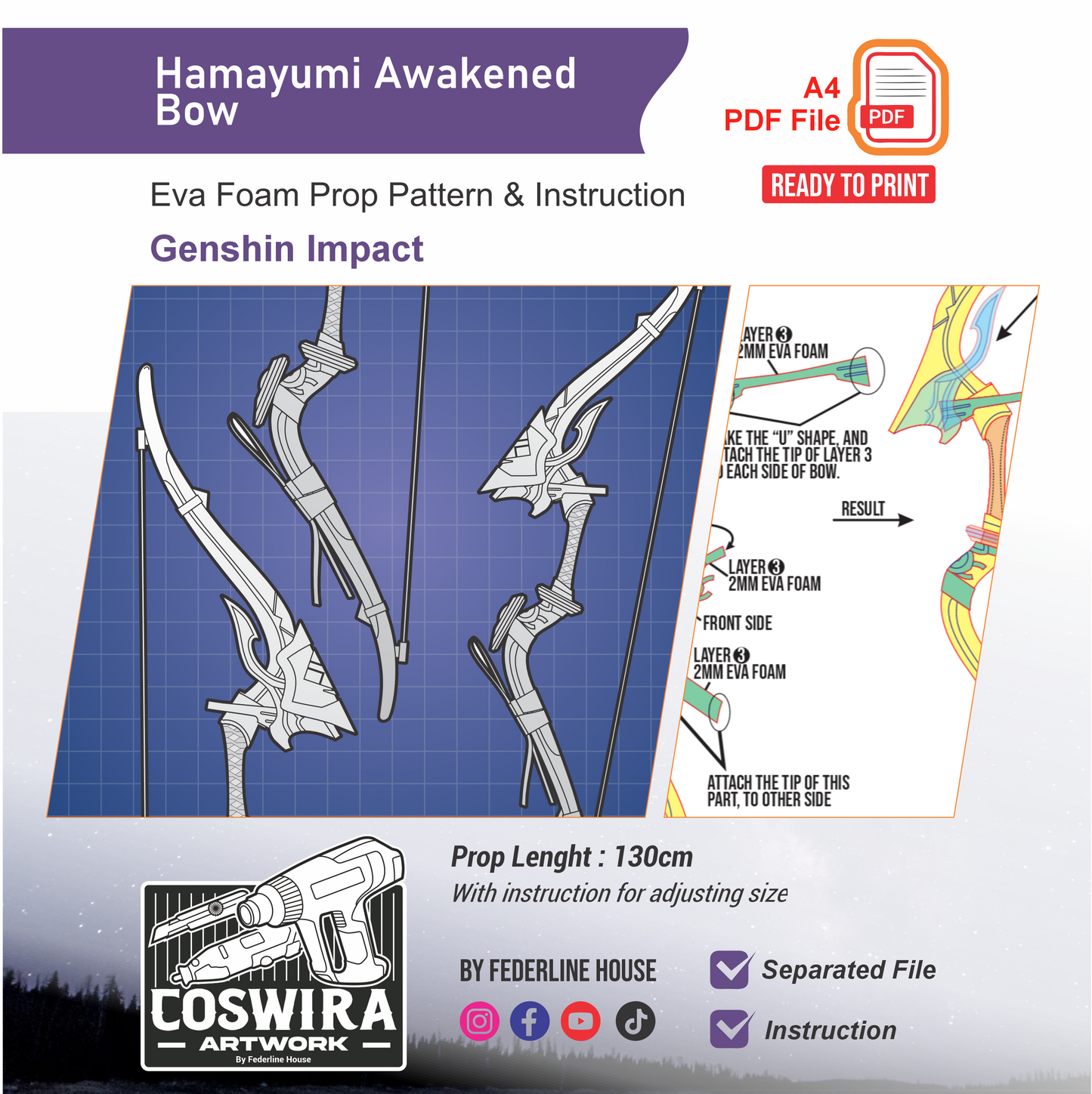Hamayumi Awakened Bow Prop Pattern Template – EVA Foam Pattern for Cosplay & DIY Builds Inspired by Genshin Impact