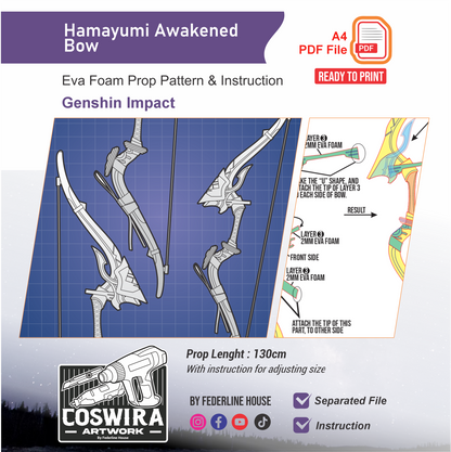 Hamayumi Awakened Bow Prop Pattern Template – EVA Foam Pattern for Cosplay & DIY Builds Inspired by Genshin Impact