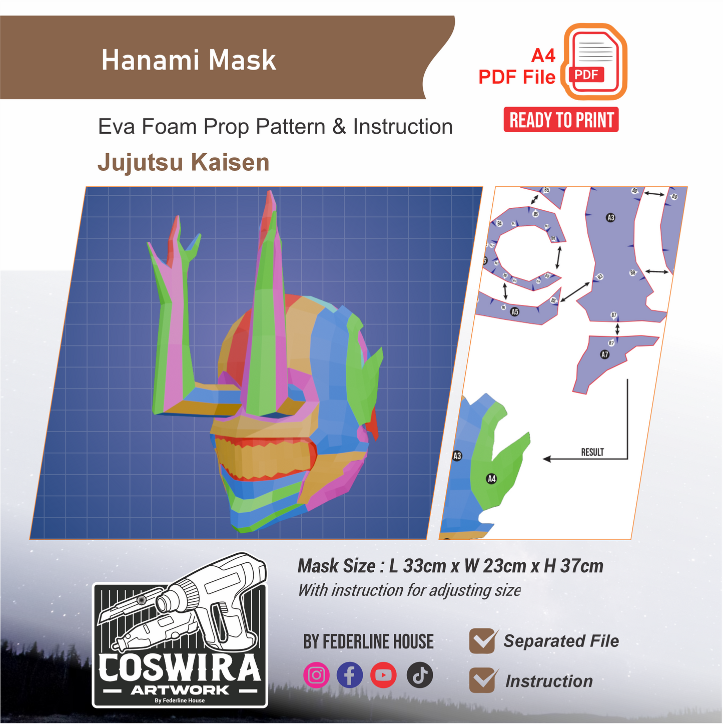 Hanami Mask Prop Pattern Template – EVA Foam Pattern for Cosplay & DIY Builds Inspired by Jujutsu Kaisen