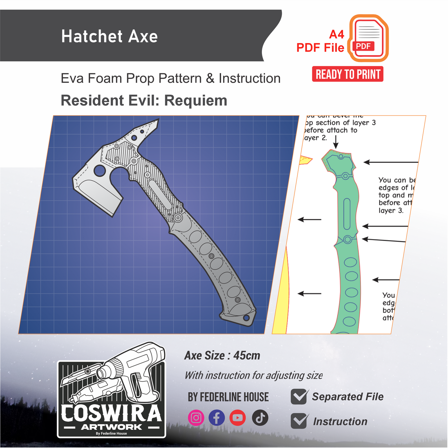 Hatchet Axe Prop Pattern Template – EVA Foam Pattern for Cosplay and DIY Builds Inspired by Resident Evil Requiem Game