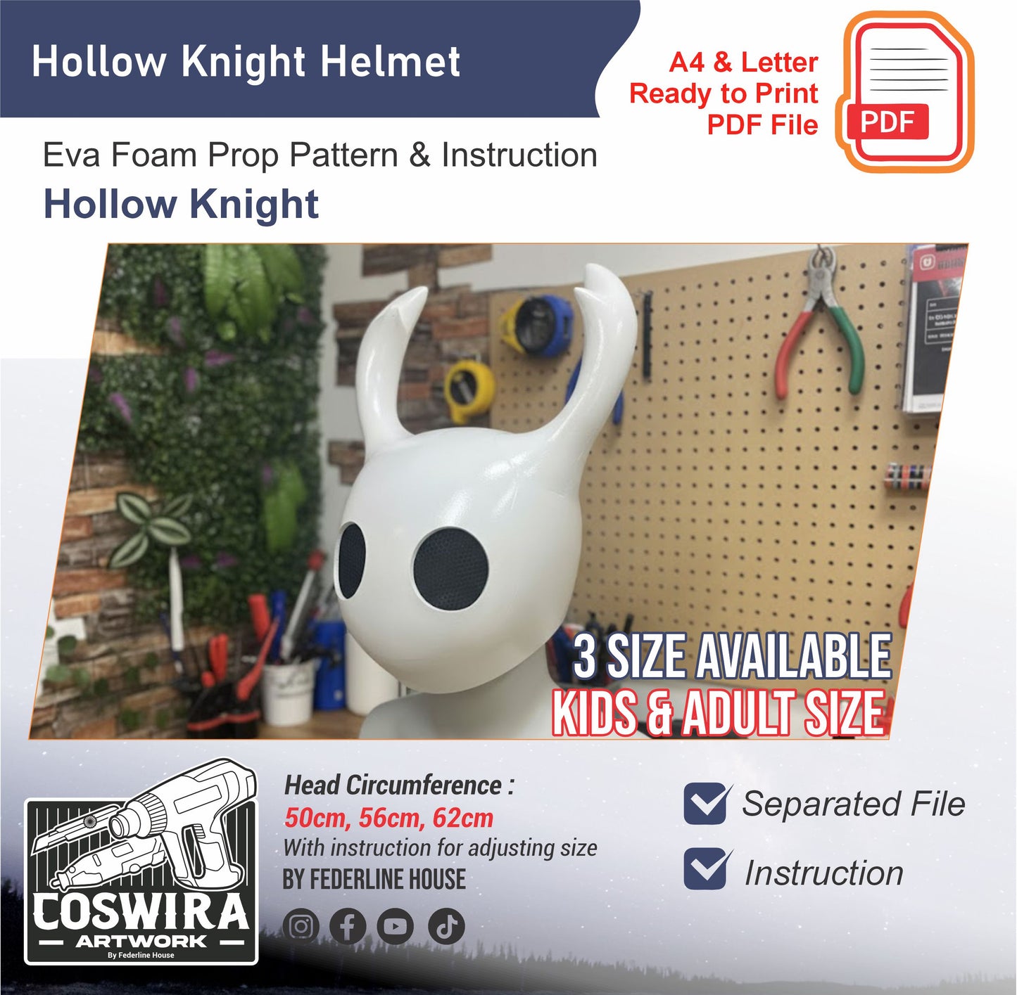 Hollow Knight Helmet Mask Prop Template – EVA Foam Pattern Inspired by Hollow Knight - You Can Change The Eye - Instruction Included