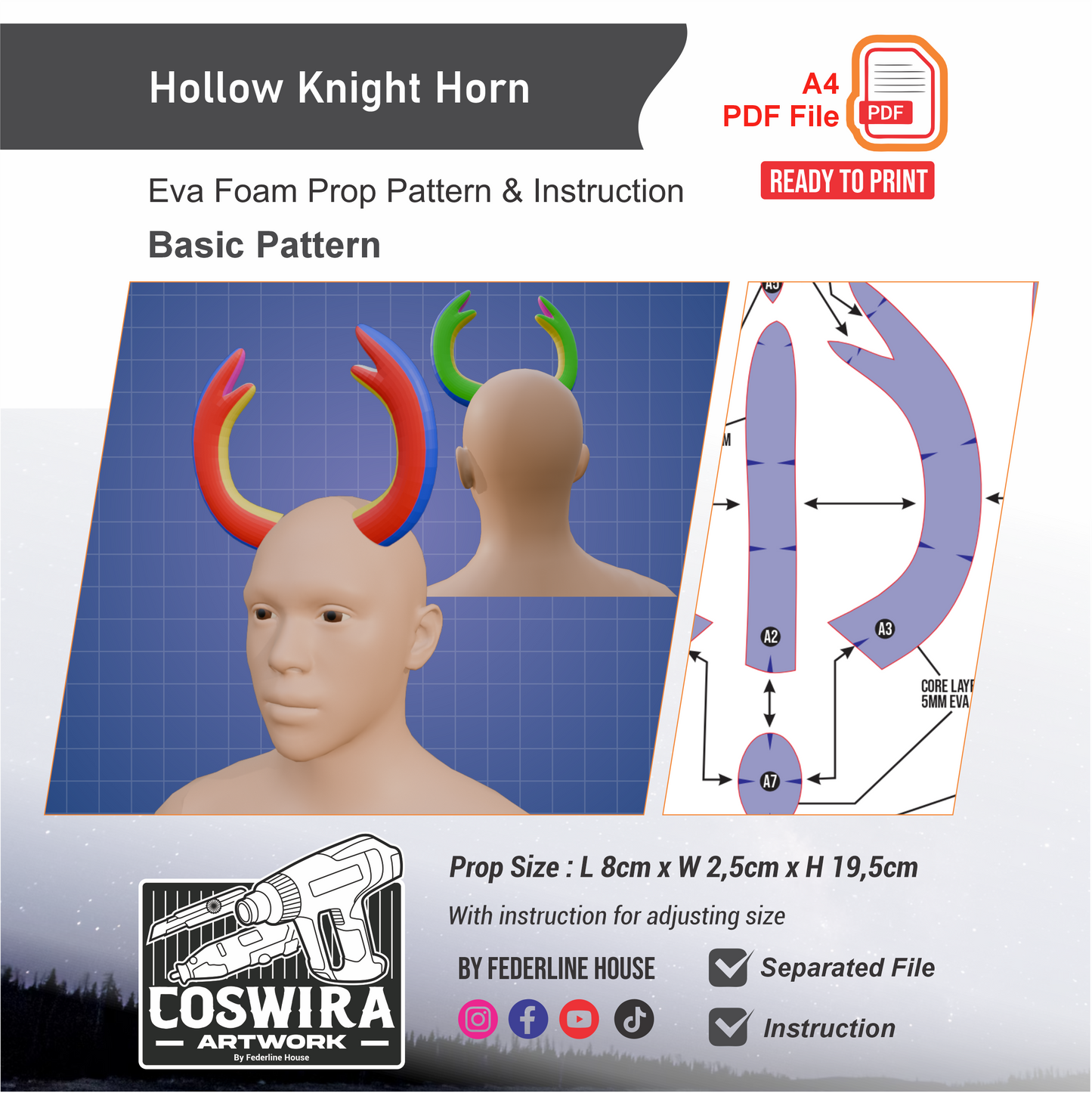 Hollow Knight Horn Prop Pattern Template – EVA Foam Pattern for Cosplay and DIY Builds Inspired by Hollow Knight / Basic Pattern