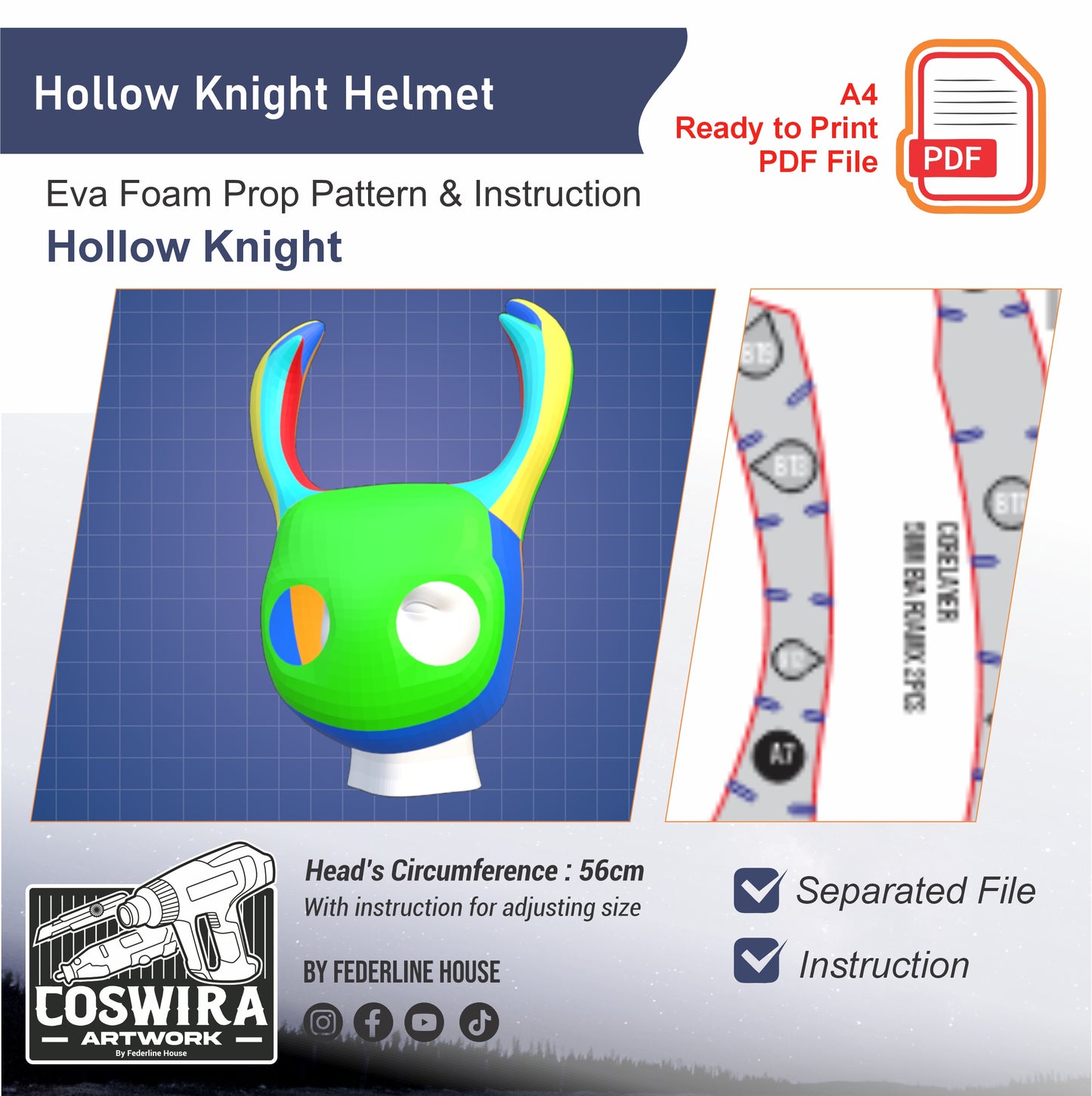 Hollow Knight Helmet Mask Prop Template – EVA Foam Pattern Inspired by Hollow Knight - You Can Change The Eye - Instruction Included