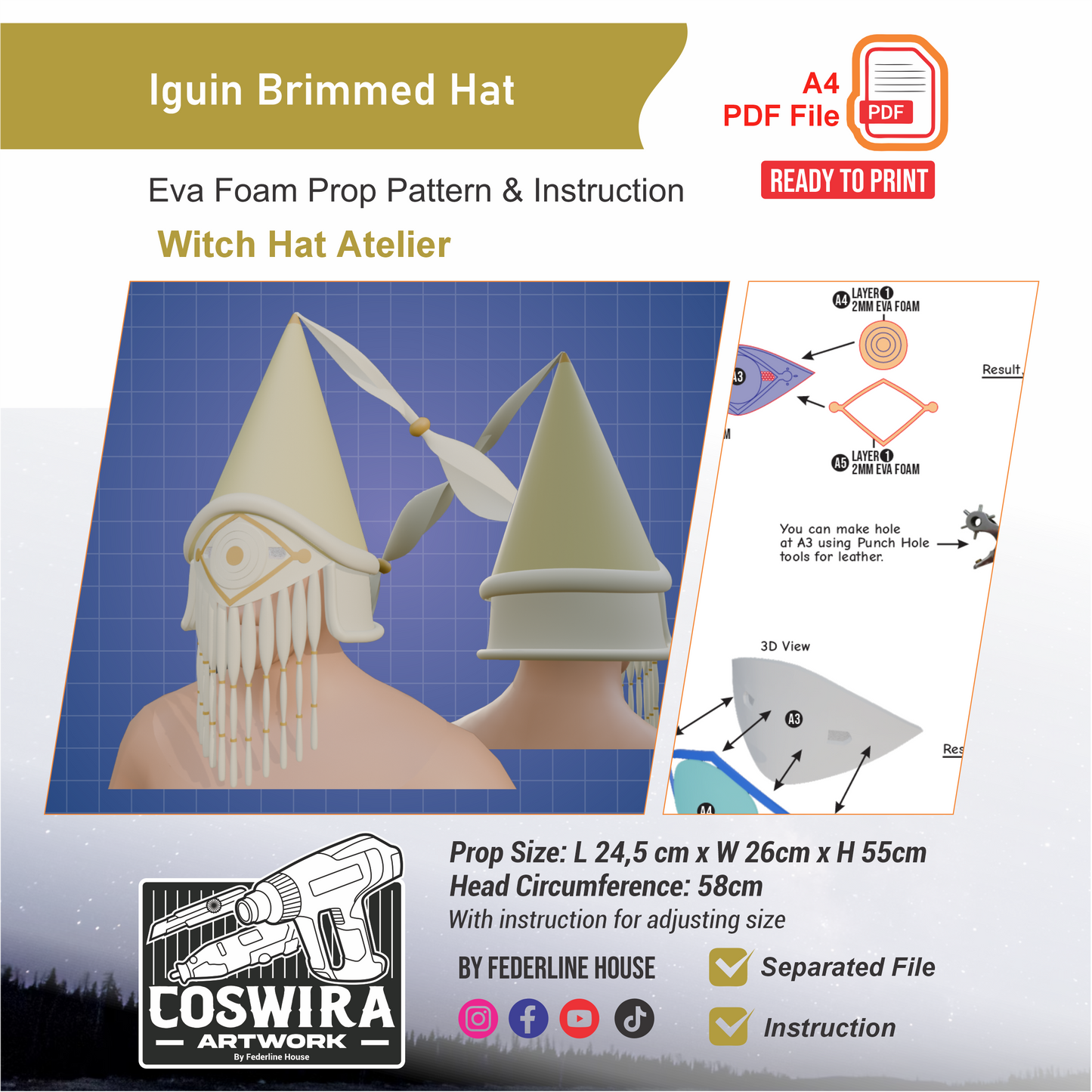 Iguin Brimmed Hat Prop Pattern Template – EVA Foam Pattern for Cosplay and DIY Builds Inspired by Witch Hat Atelier