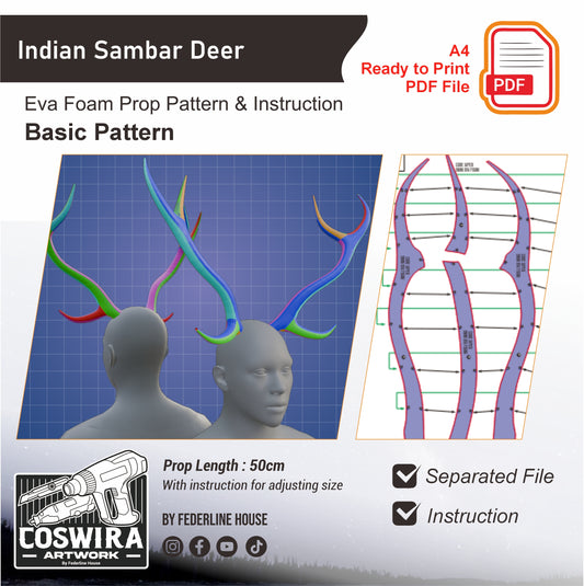 Indian Sambar Deer Antler Basic Pattern Template – EVA Foam Pattern for Cosplay & DIY Builds