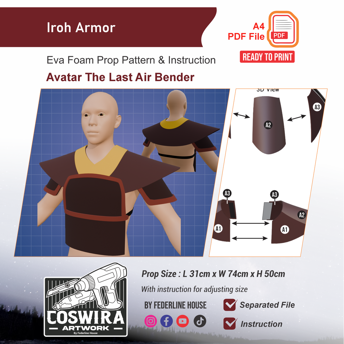 Iroh Armor Prop Pattern Template – EVA Foam Pattern for Cosplay and DIY Builds Inspired by Avatar: The Last Airbender