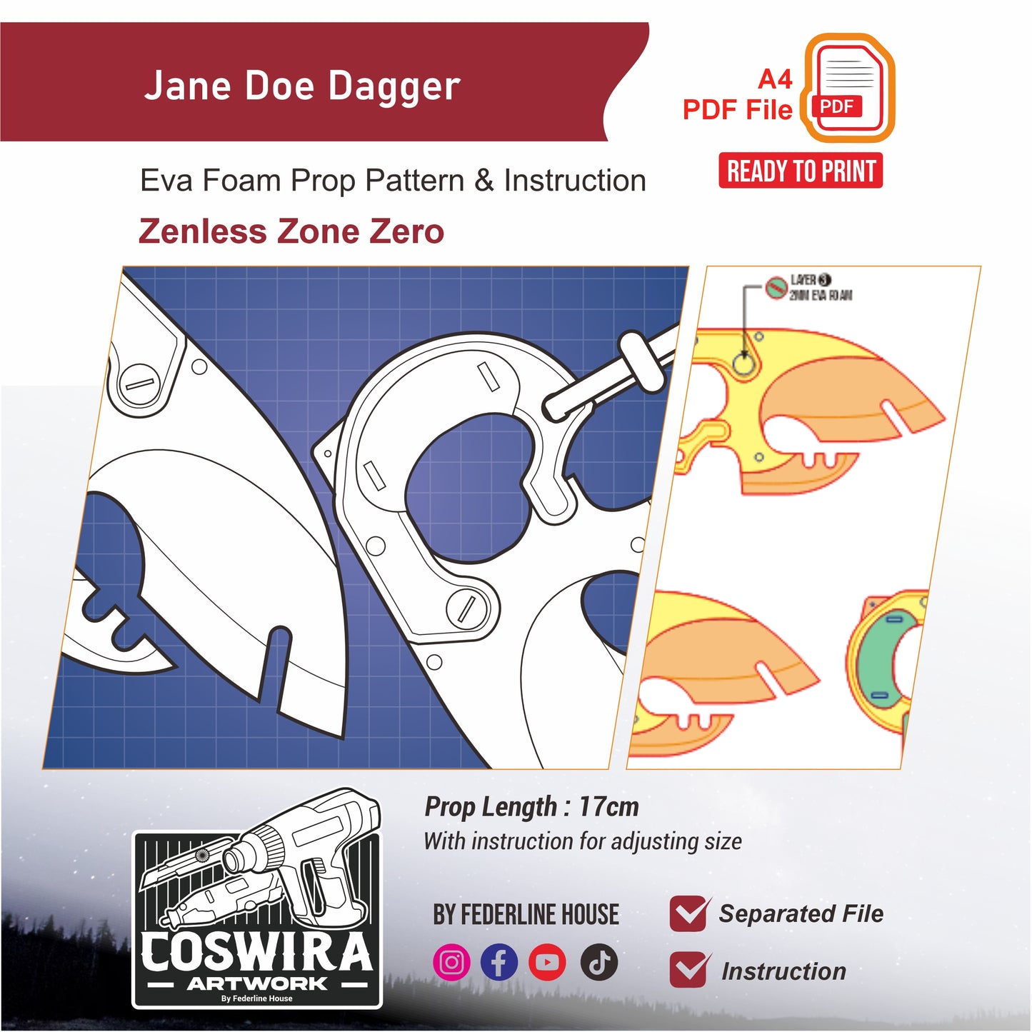 Jane Doe Dagger Prop Pattern Template – EVA Foam Pattern for Cosplay and DIY Builds Inspired by Zenless Zone Zero Game