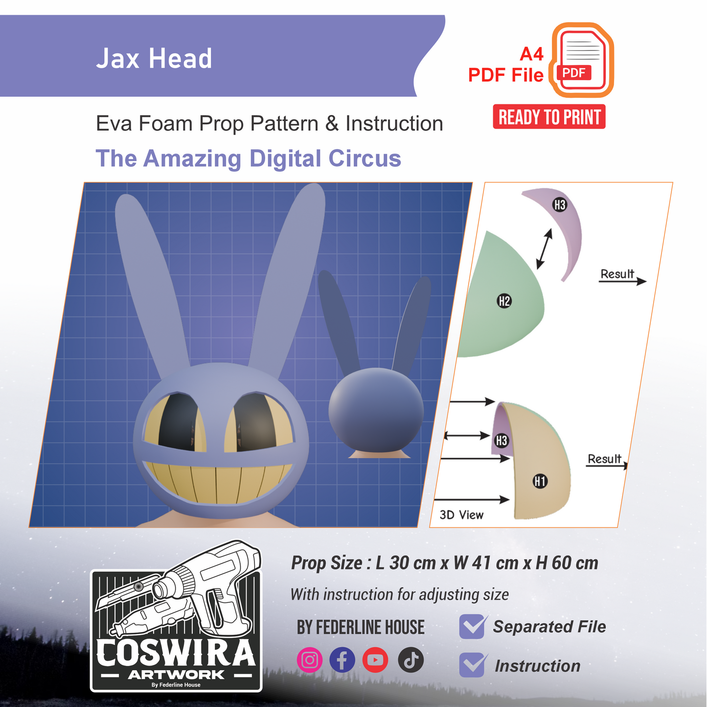Jax Head Prop Pattern Template – EVA Foam Pattern for Cosplay and DIY Builds Inspired by The Amazing Digital Circus