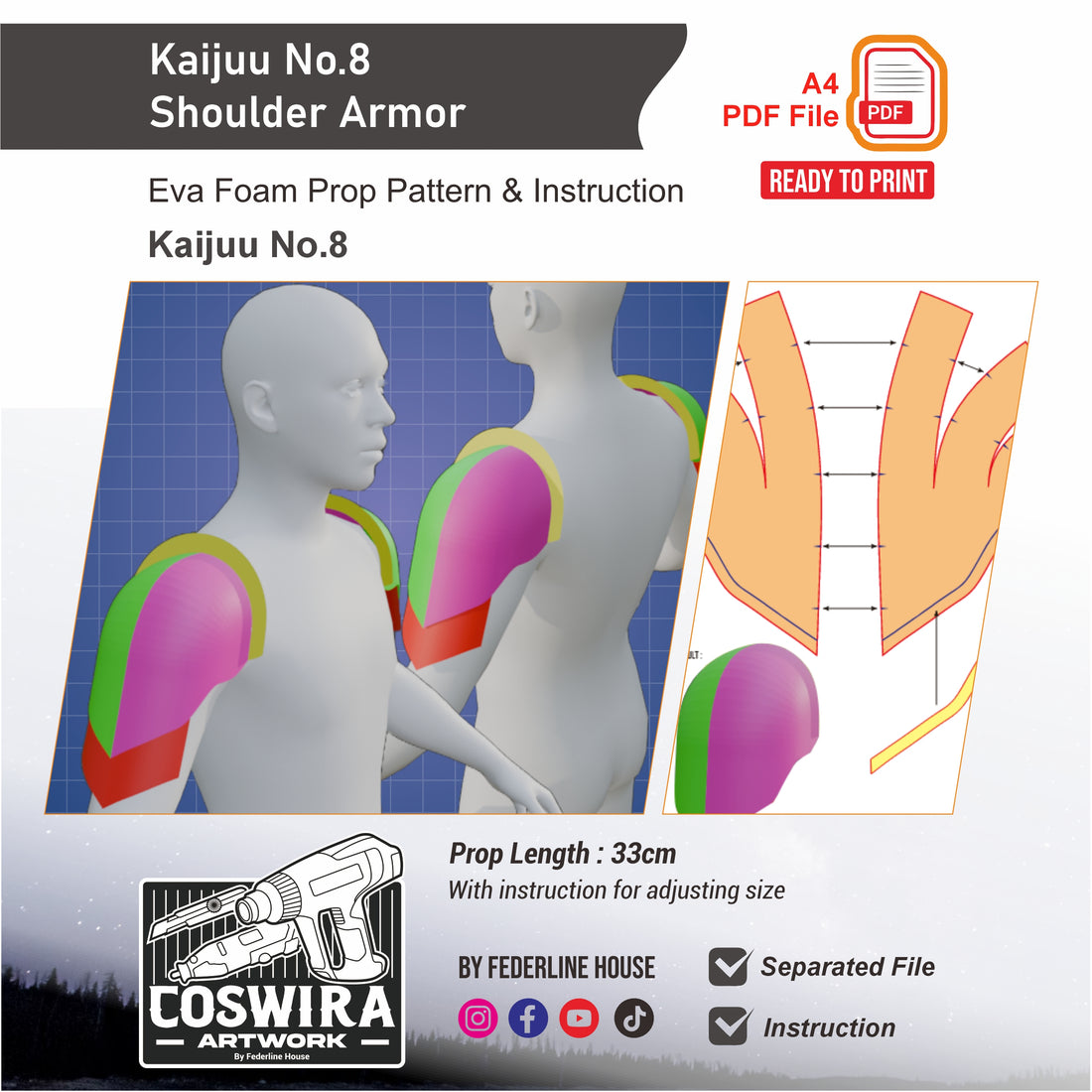 Shoulder Pattern Eva Kaijuu No.8 Shoulder Armor Prop Pattern – EVA Foam Template for Cospla ...