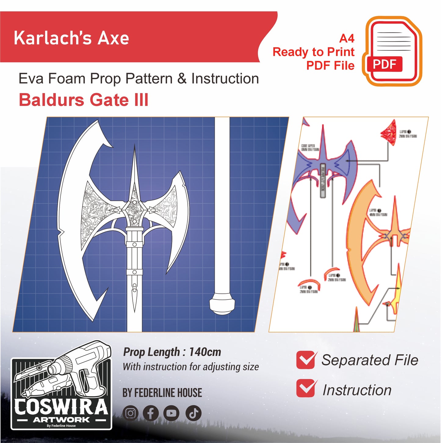 Karlach’s Axe Prop Pattern Template – EVA Foam Pattern for Cosplay & DIY Builds Inspired by Baldur’s Gate III