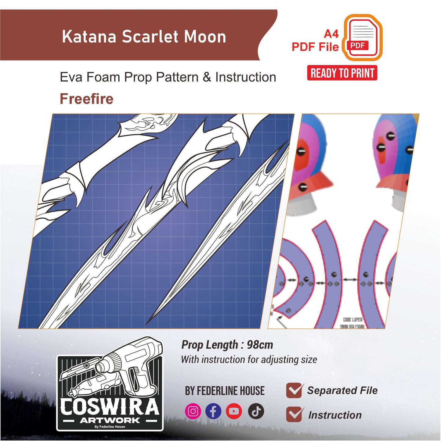 Katana Scarlet Moon Prop Pattern Template – EVA Foam Pattern for Cosplay and DIY Builds Inspired by Free Fire