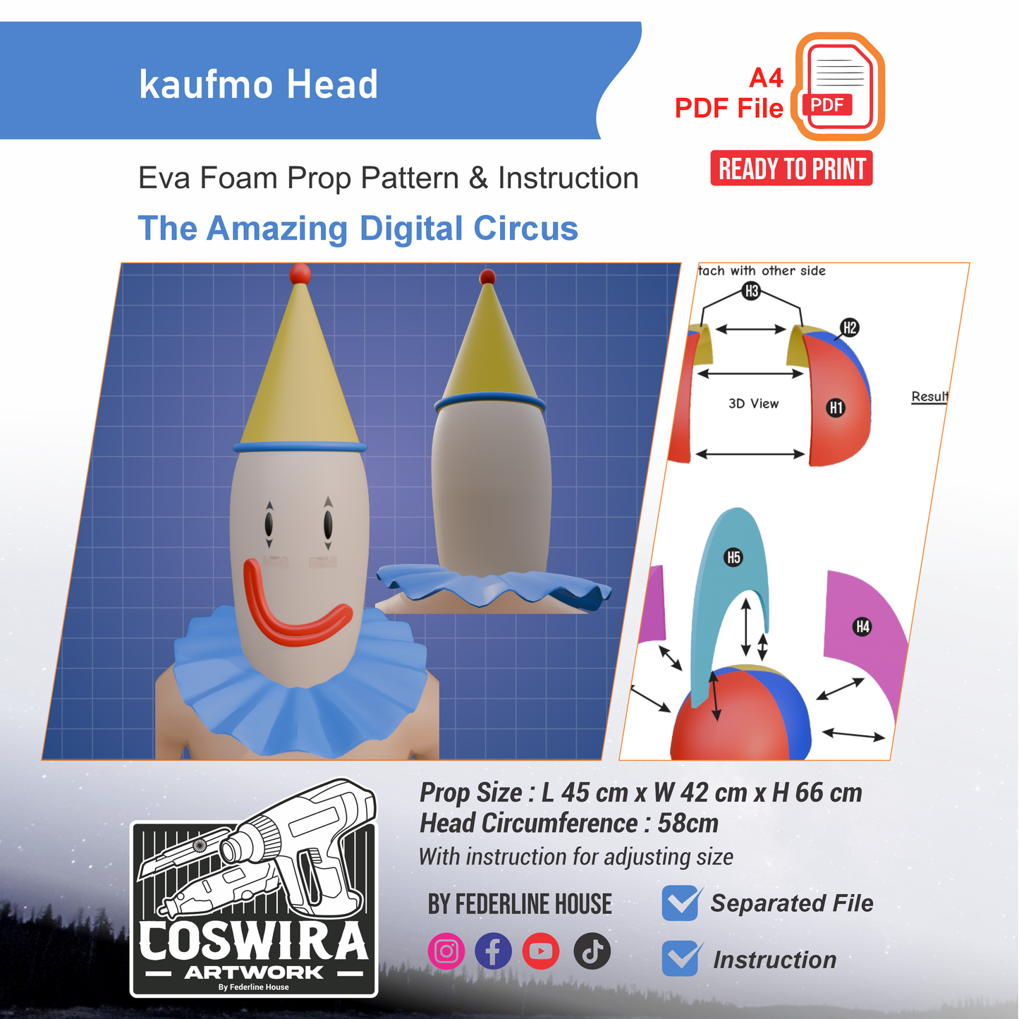 Kaufmo Head Prop Pattern Template – EVA Foam Pattern for Cosplay and DIY Builds Inspired by The Amazing Digital Circus