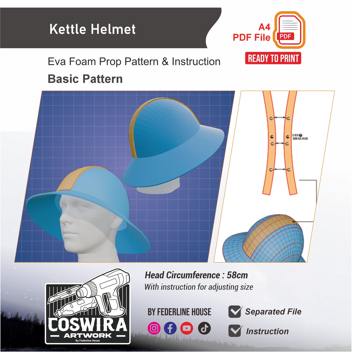 Kettle Helmet Basic Pattern Template – EVA Foam Cosplay PDF for DIY