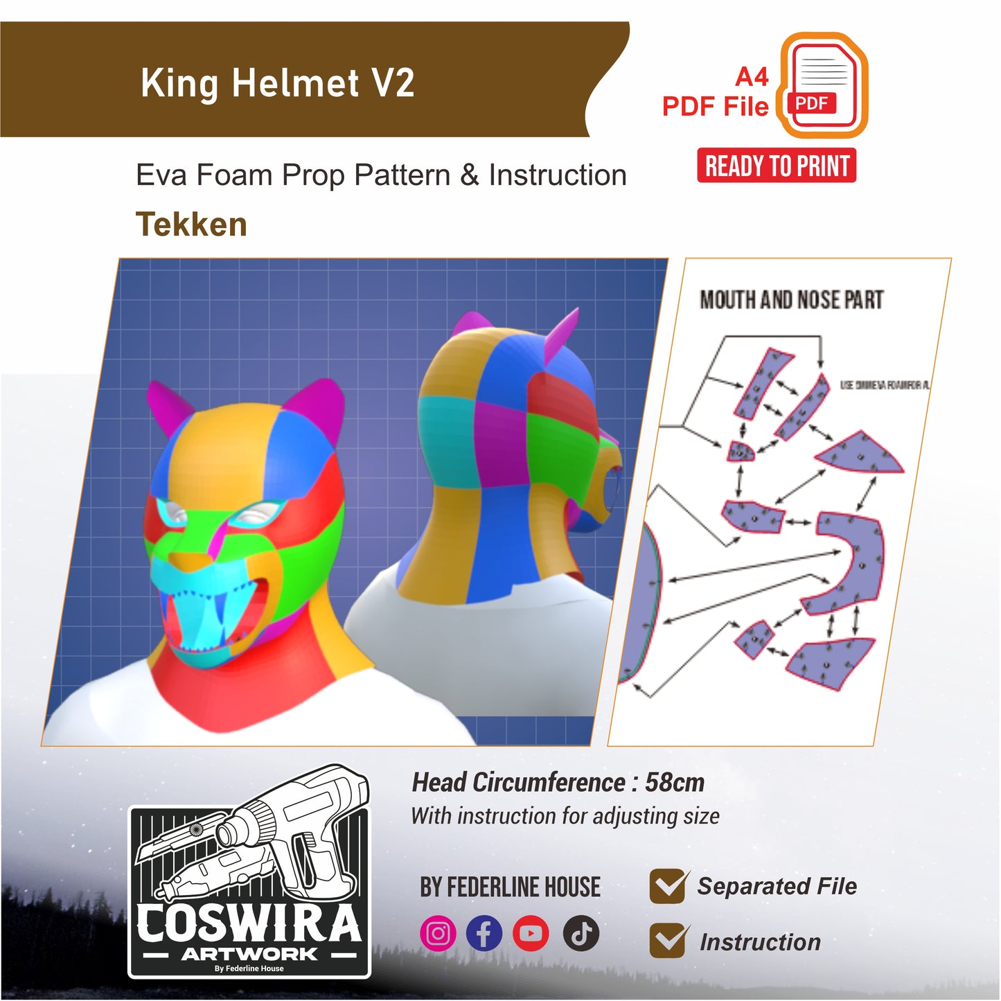 King Helmet V2 Prop Pattern Template – EVA Foam Pattern for Cosplay and DIY Builds Inspired by Tekken