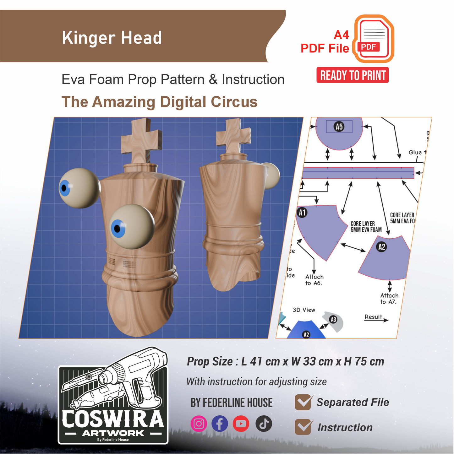 Kinger Head Helmet Prop Pattern Template – EVA Foam Pattern for Cosplay and DIY Builds Inspired by The Amazing Digital Circus