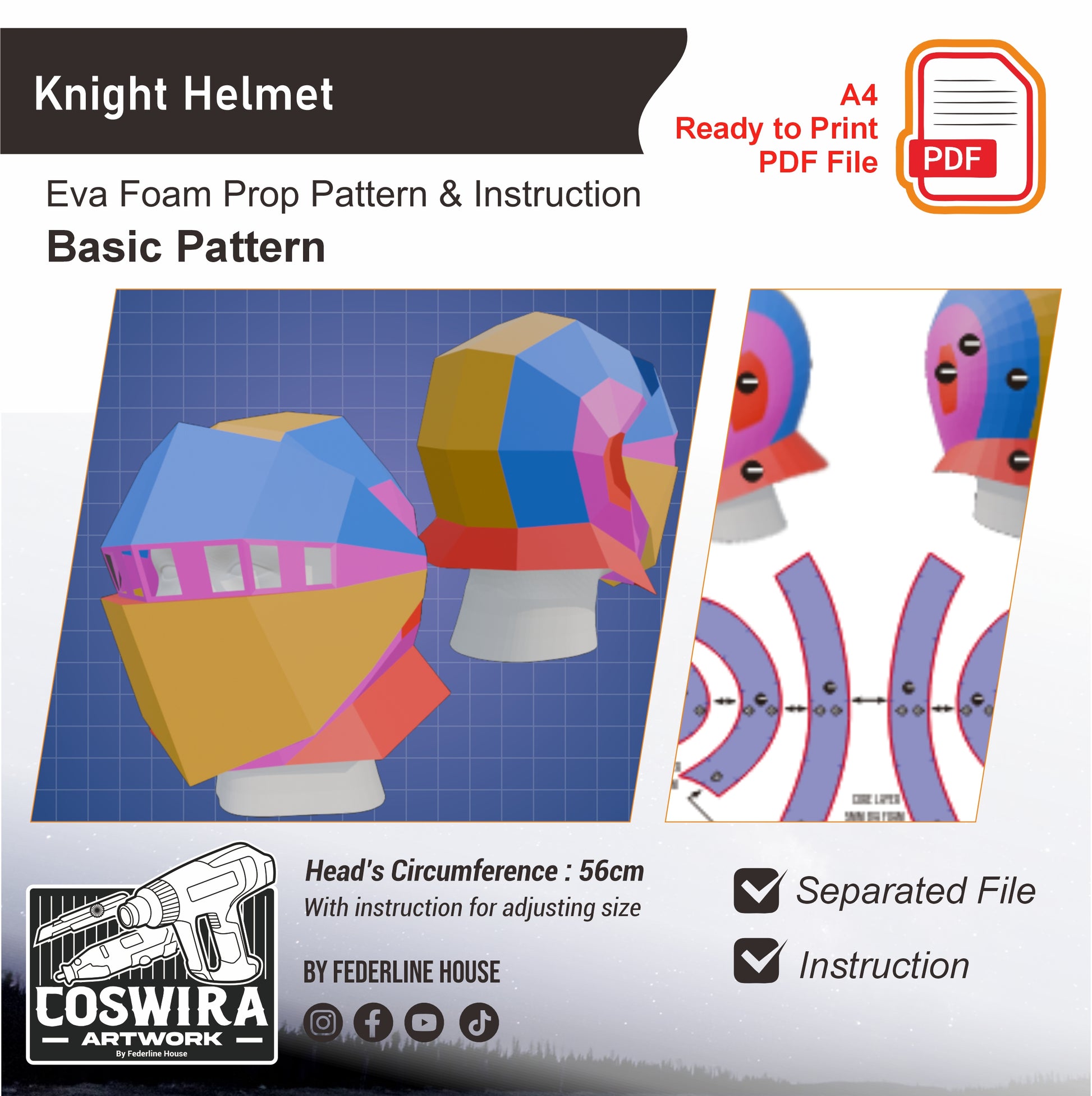 Knight Helmet Basic Prop Pattern Template EVA Foam Pattern for Cospl