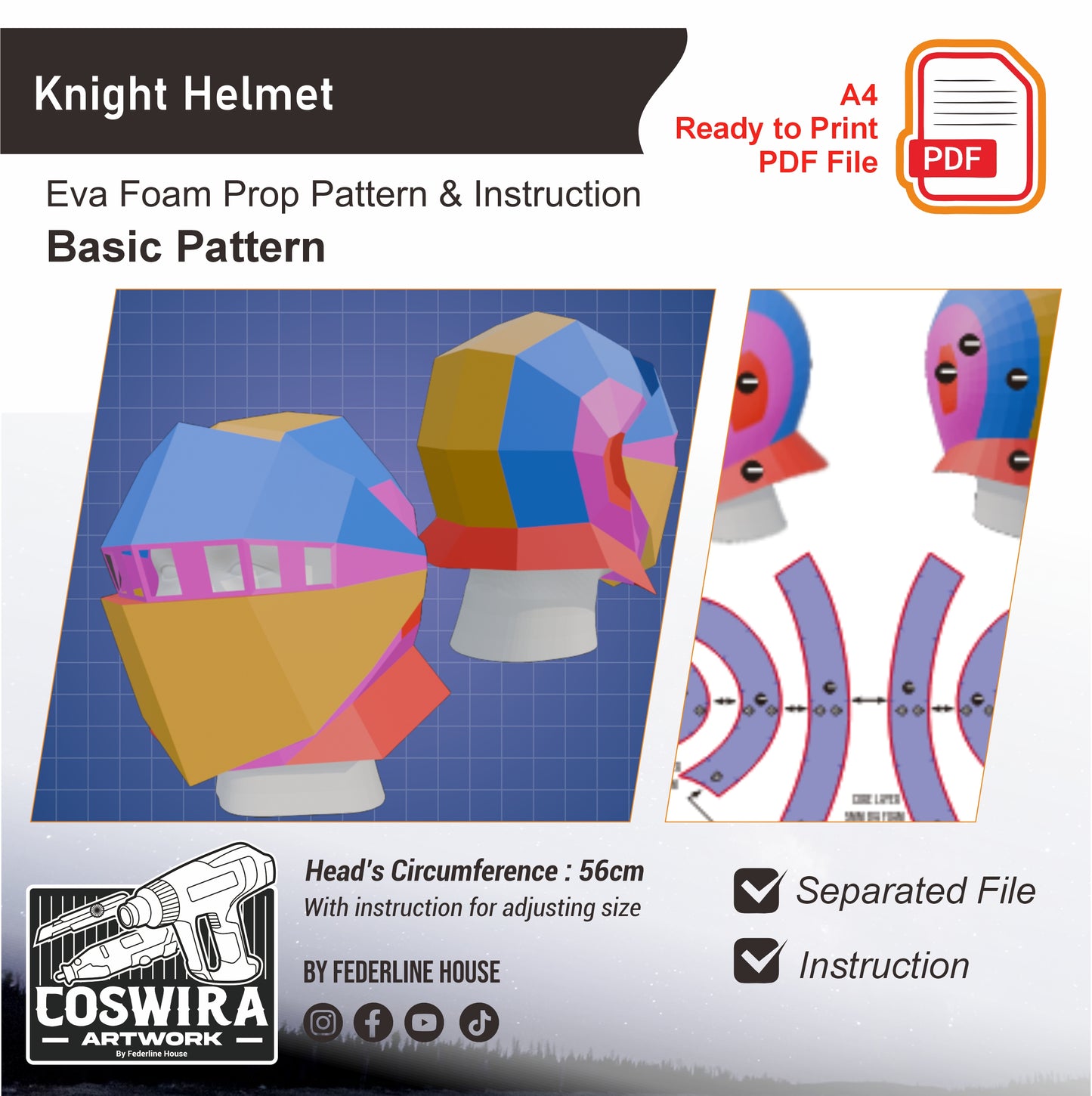 Knight Helmet Basic Prop Pattern Template – EVA Foam Pattern for Cosplay & DIY Builds