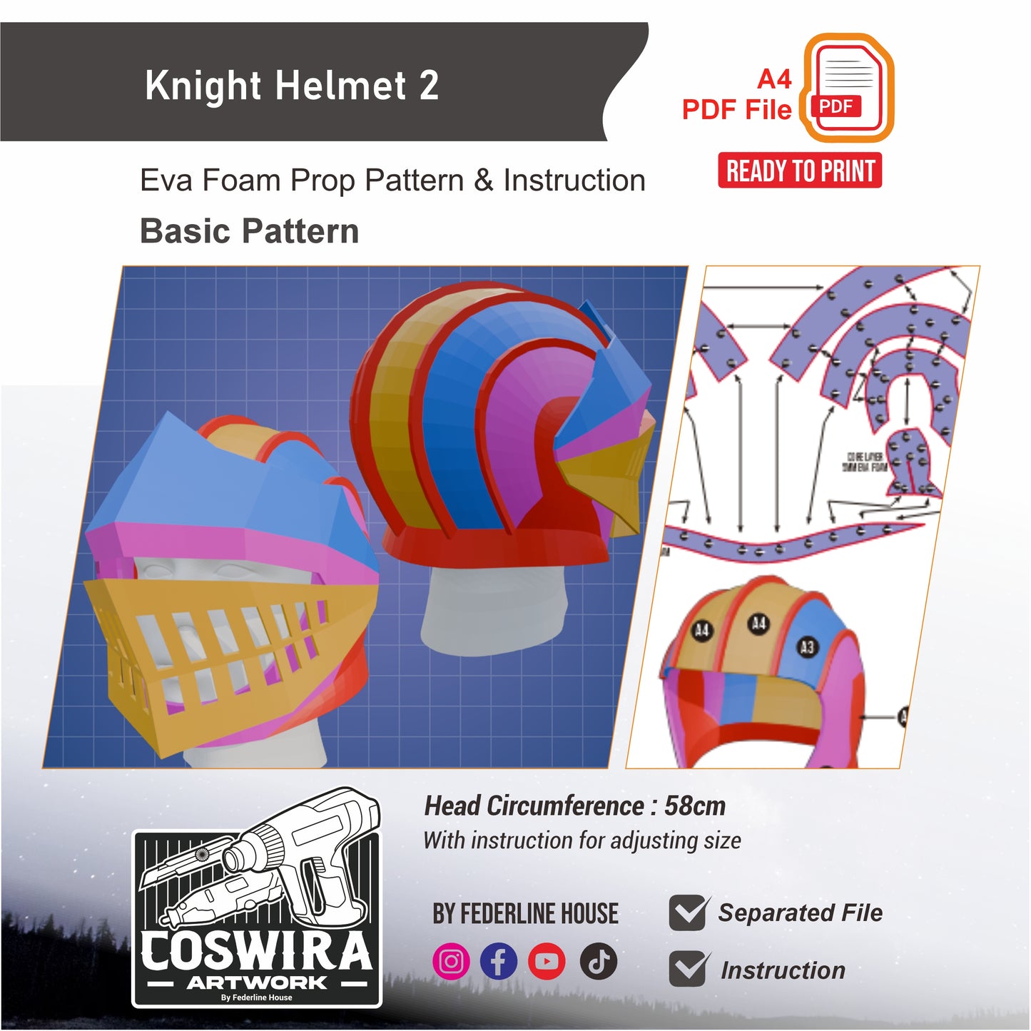 Knight Helmet No.2 Basic Pattern Template – EVA Foam Cosplay PDF for DIY Builds
