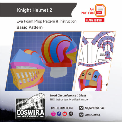 Knight Helmet No.2 Basic Pattern Template – EVA Foam Cosplay PDF for DIY Builds