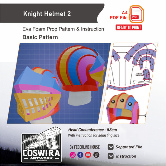 Knight Helmet No.2 Basic Pattern Template – EVA Foam Cosplay PDF for DIY Builds