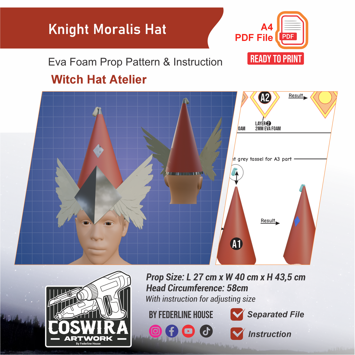 Knight Moralis Witch Hat Prop Pattern Template – EVA Foam Pattern for Cosplay and DIY Builds Inspired by Witch Hat Atelier