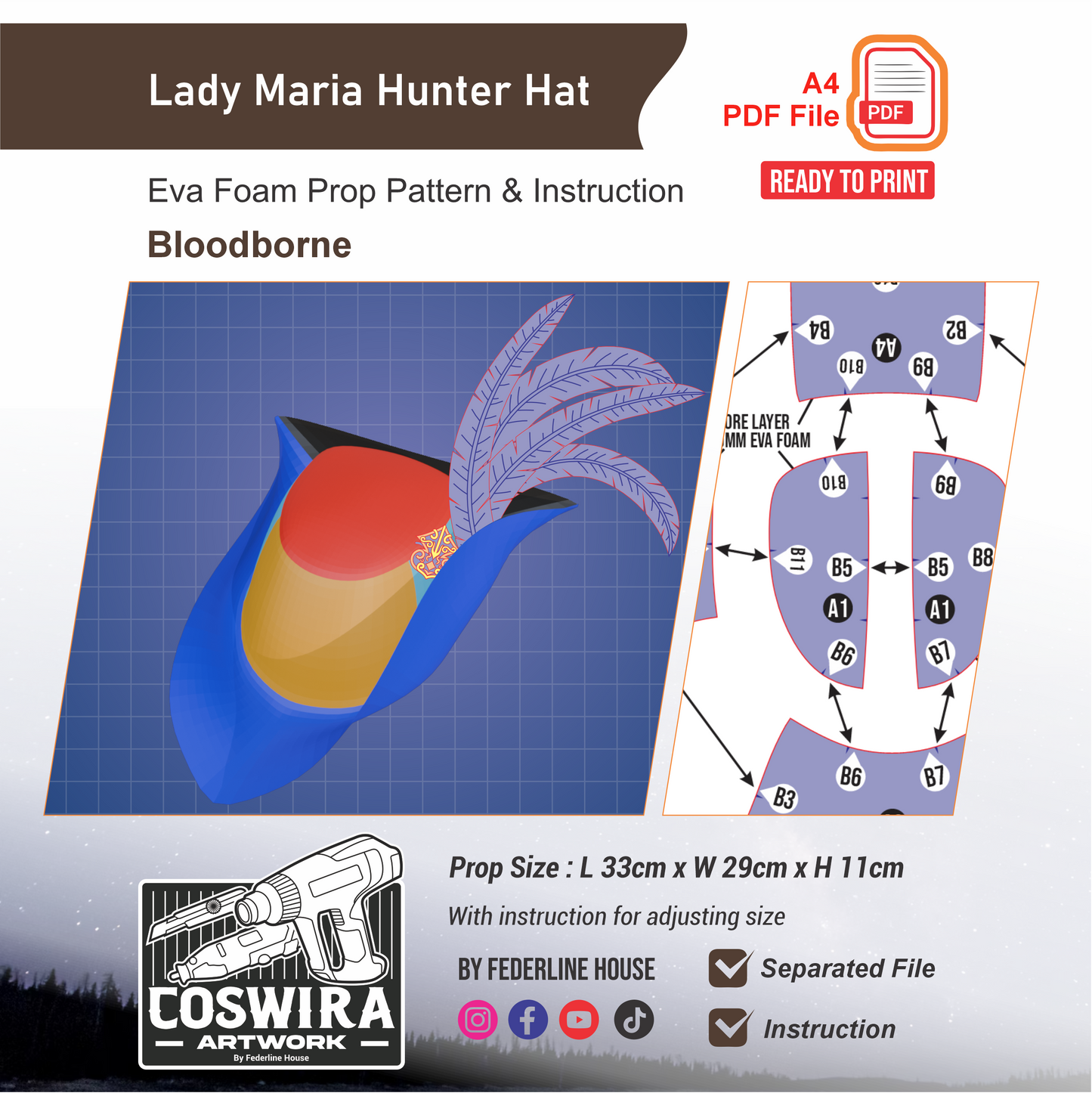 Lady Maria Hunter Hat Prop Pattern Template – EVA Foam Pattern for Cosplay and DIY Builds Inspired by Bloodborne Game