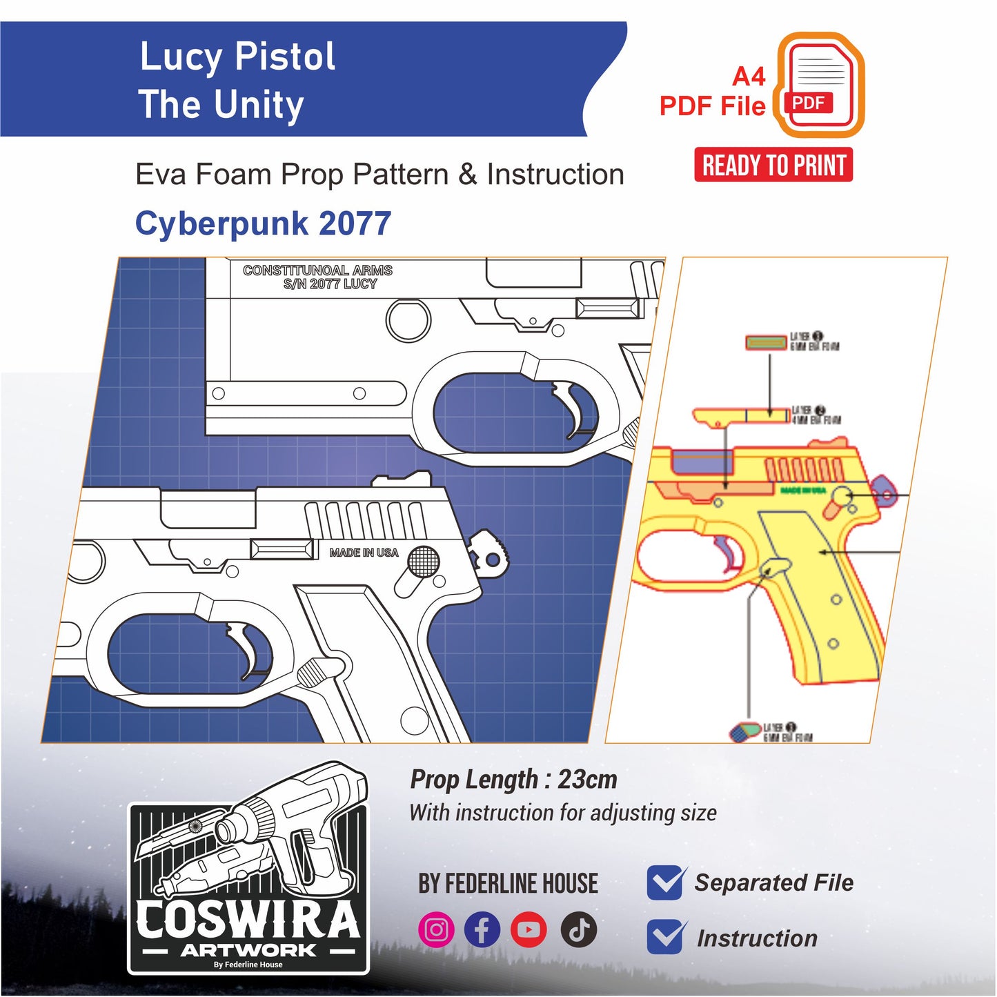 Lucy Pistol The Unity Prop Pattern Template – EVA Foam Pattern for Cosplay and DIY Builds Inspired by Cyberpunk 2077